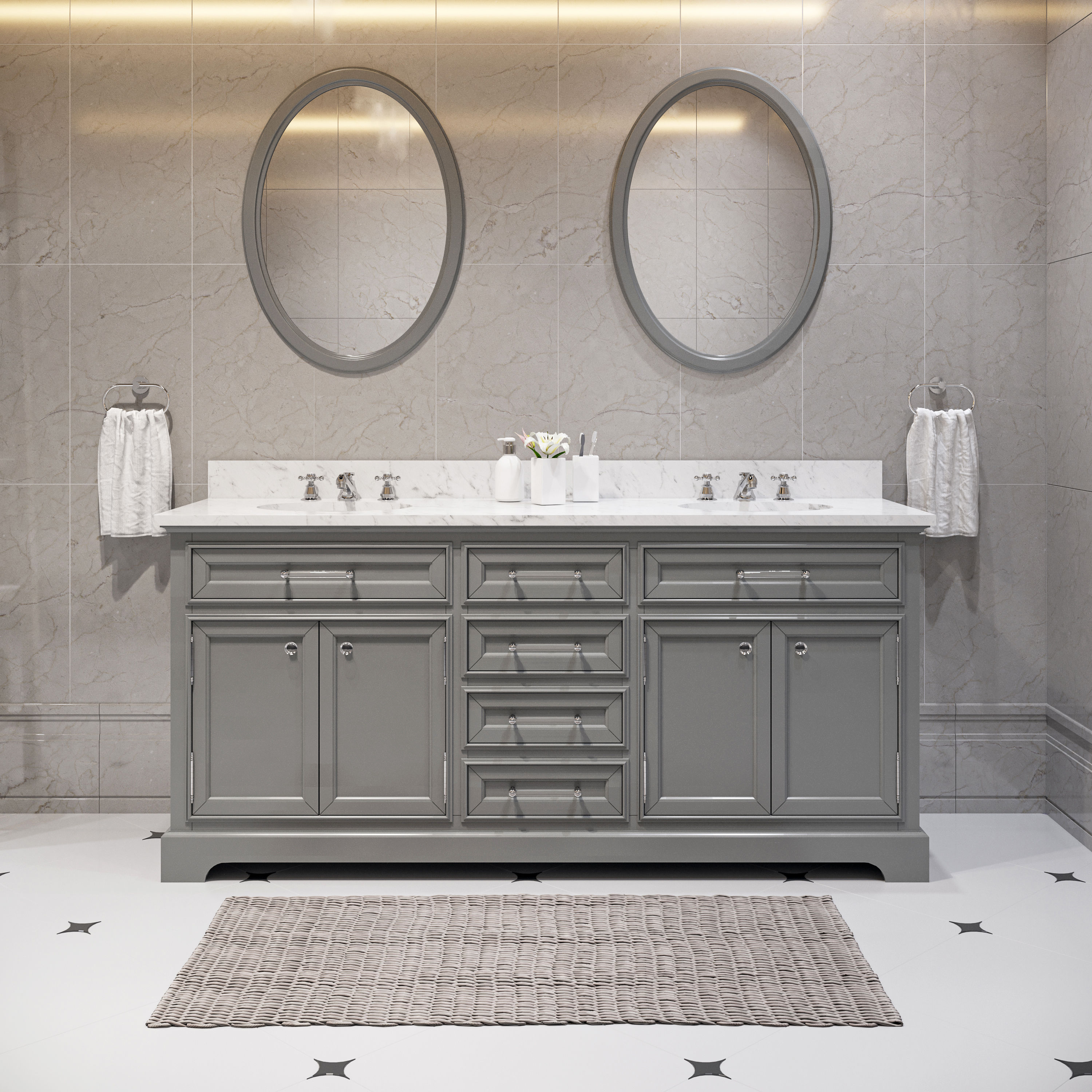 Water Creation Derby 72 In Cashmere Grey Undermount Double Sink Bathroom Vanity With Carrara 