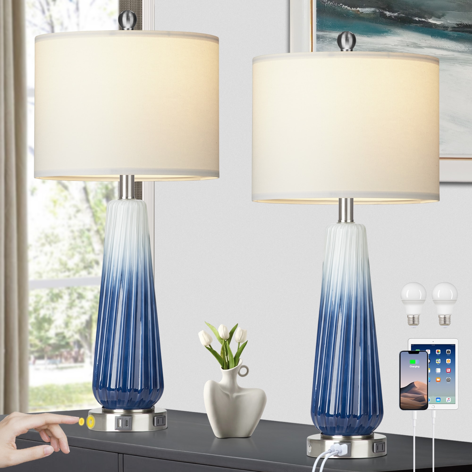 UrFurnishings TD-256 Desmon 28-in Blue LED Rotary socket Table Lamp with Linen Shade