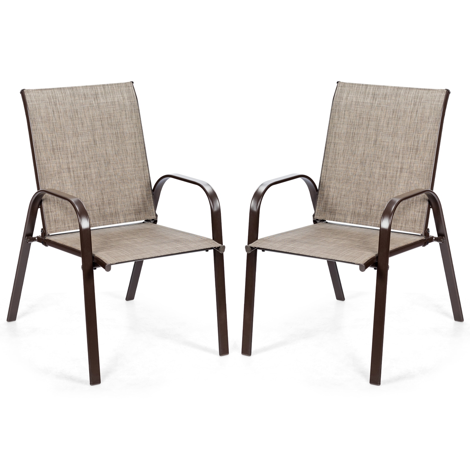 Slickblue D-CO-2-RG03636WH Set of 2- Brown/ Beige/ Gray/ Black- Steel Frame Patio Dining Chairs with Armrests and Fabric Seat for Garden Balcony or Poolside