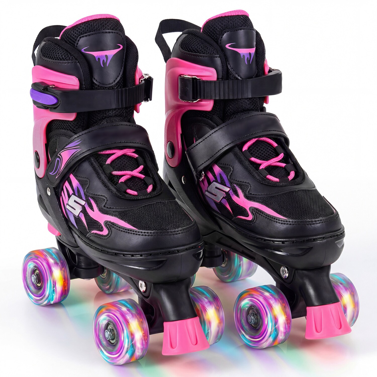 Slickblue Kids Adjustable Roller Skates for Indoor Floors and Outdoor Paths Ages 9 to 14 with Motion Activated Light Up Wheels Buckles Straps Laces Pink