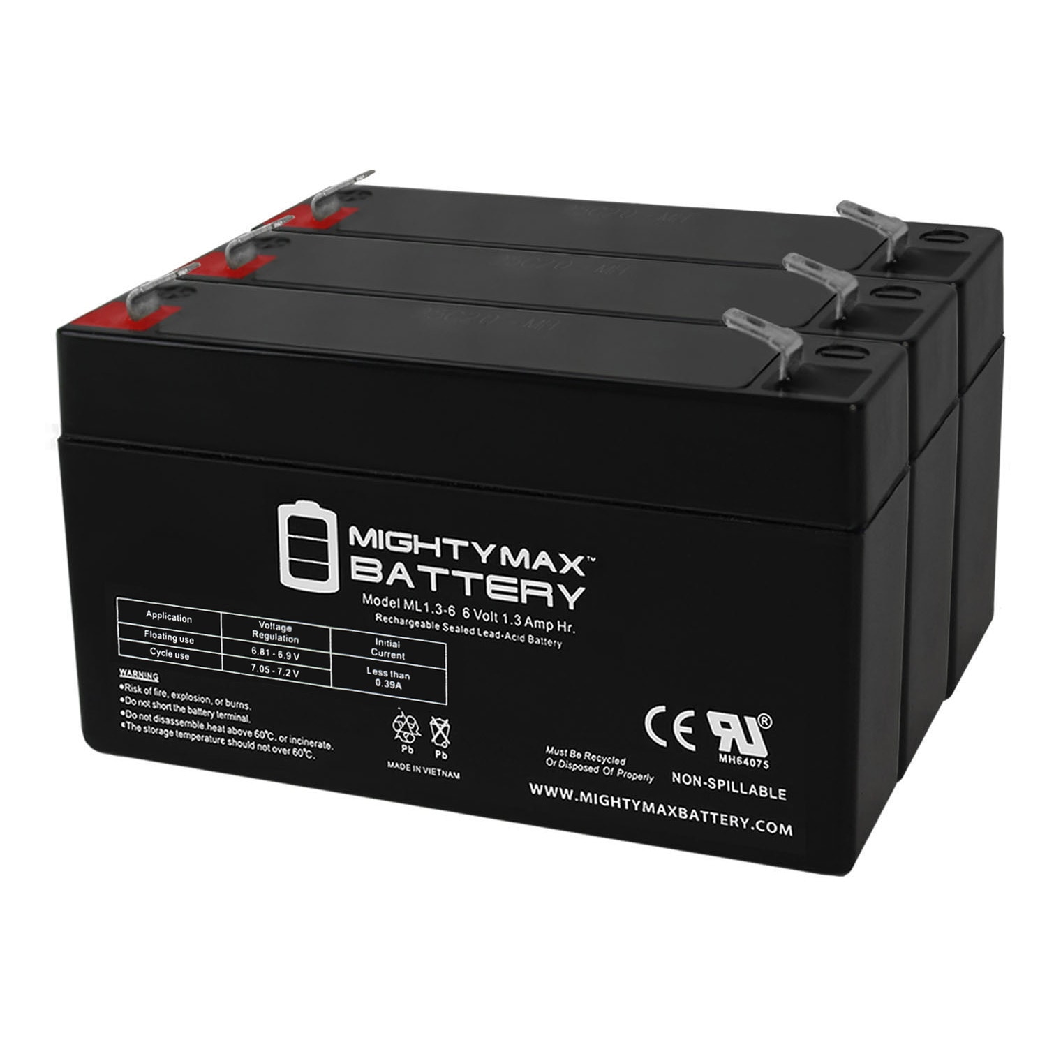 Mighty Max Battery MAX3942327 6V 1.3Ah for DURA6-1.3F Rechargeable Sealed lead acid 613 Backup power Batteries 3 -Pack