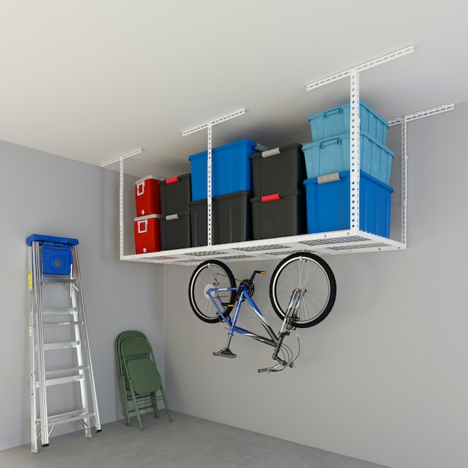 White Steel Overhead Garage Storage, Fleximounts 4×8 Overhead Garage Storage Rack Installation