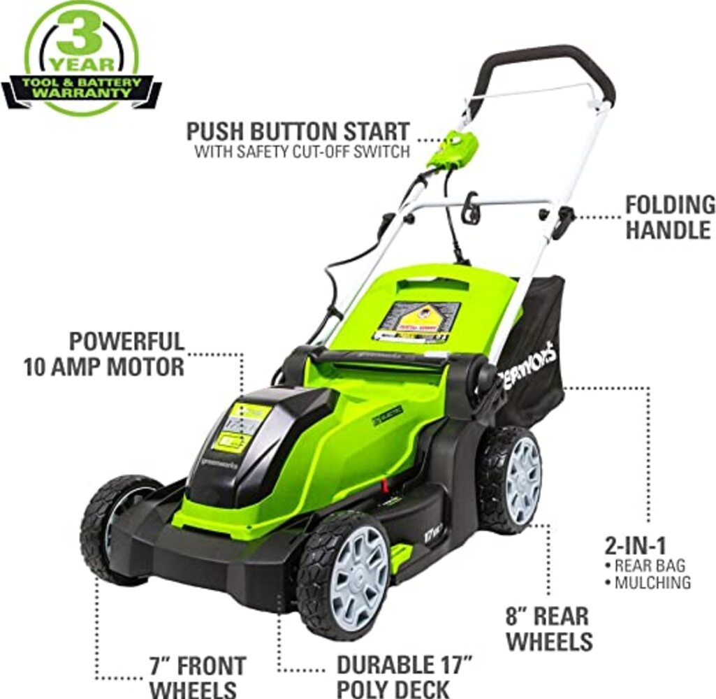 Electric Lawn Mower With Bike Handle, 15-Inch, 10-Amp, Corded