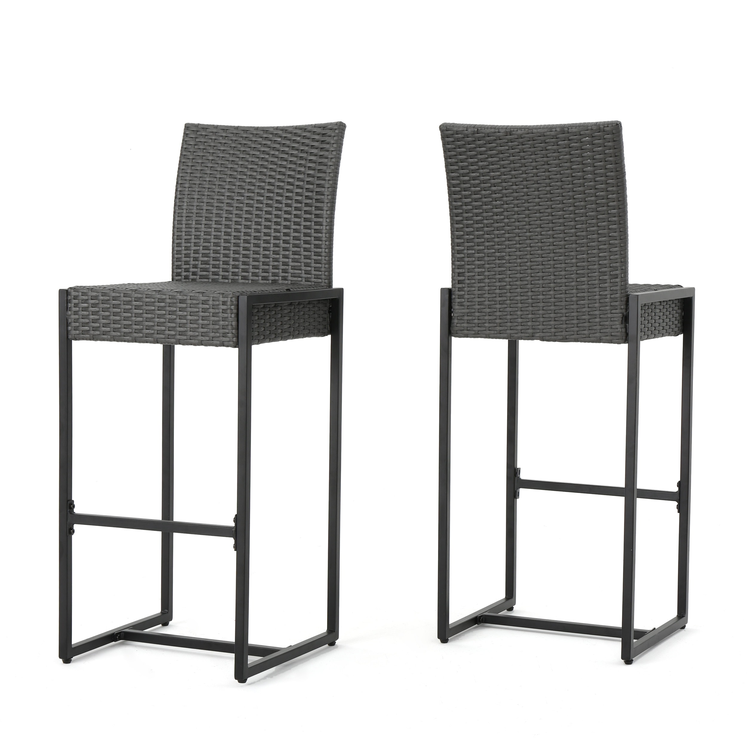 Gray Wicker and Iron Outdoor Barstools Set of 2