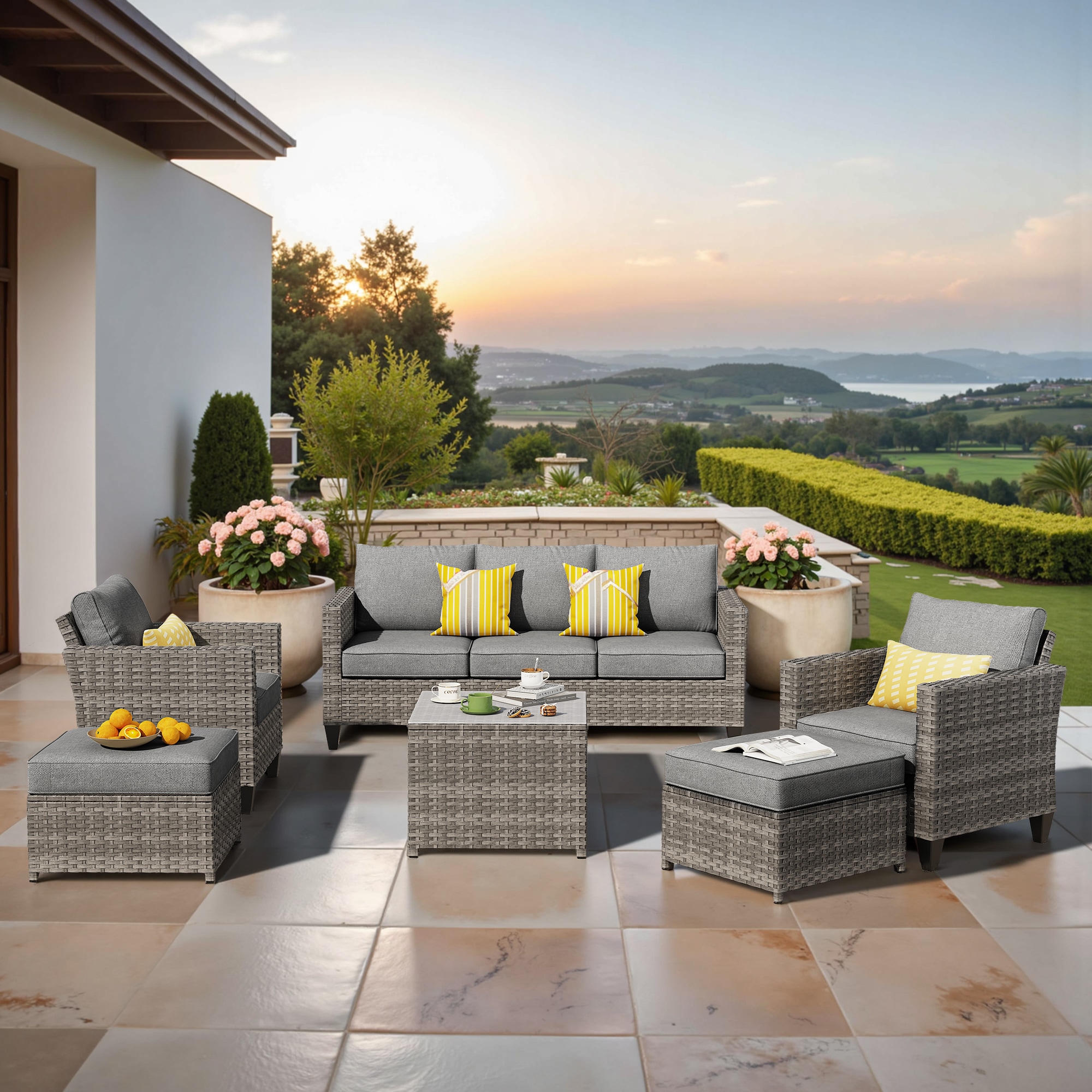Pouuin SGR206 6 -Piece Wicker Patio Sofa Conversation Set with Dark Gray Cushions