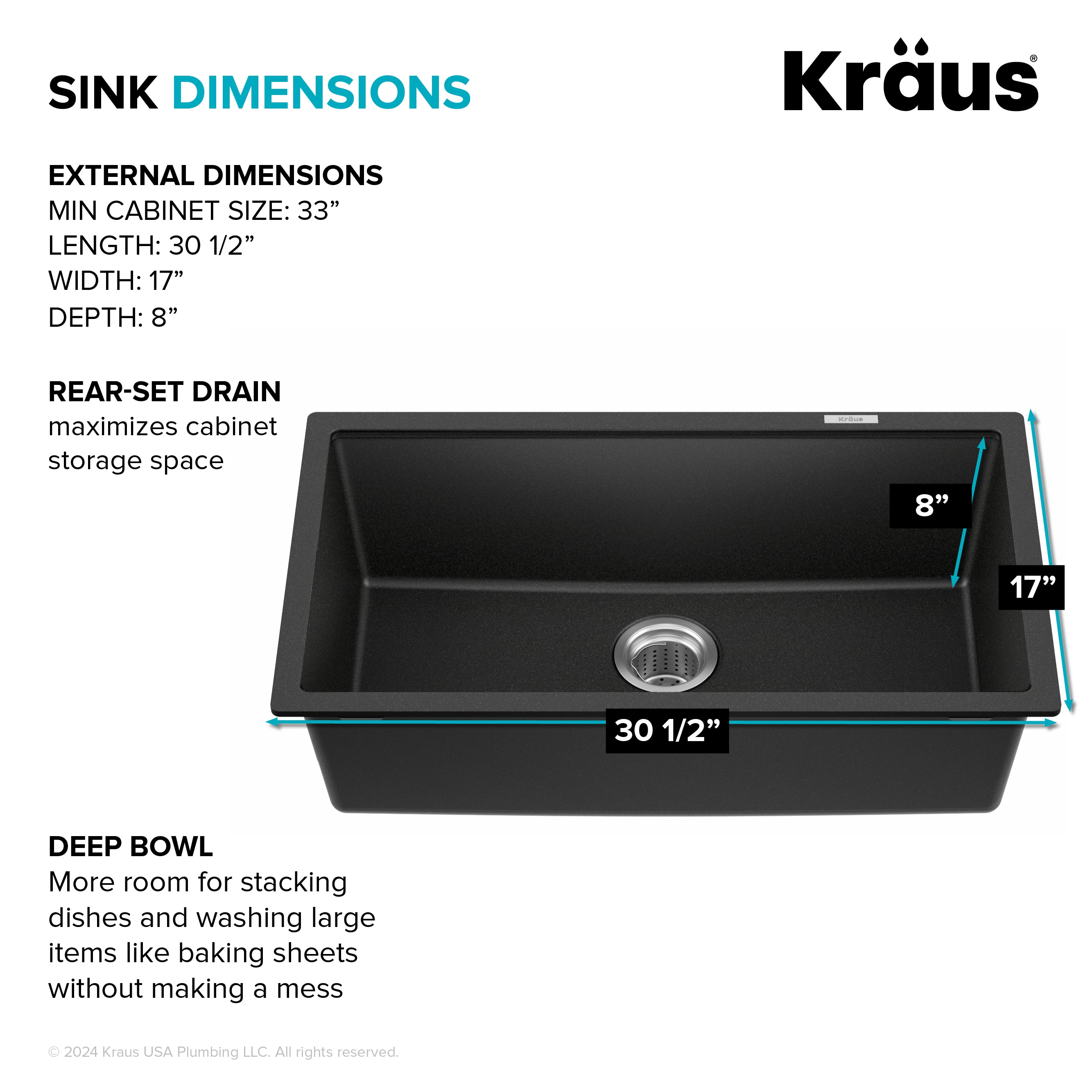 31 Inch Undermount Single Bowl Black Granite Kitchen Sink