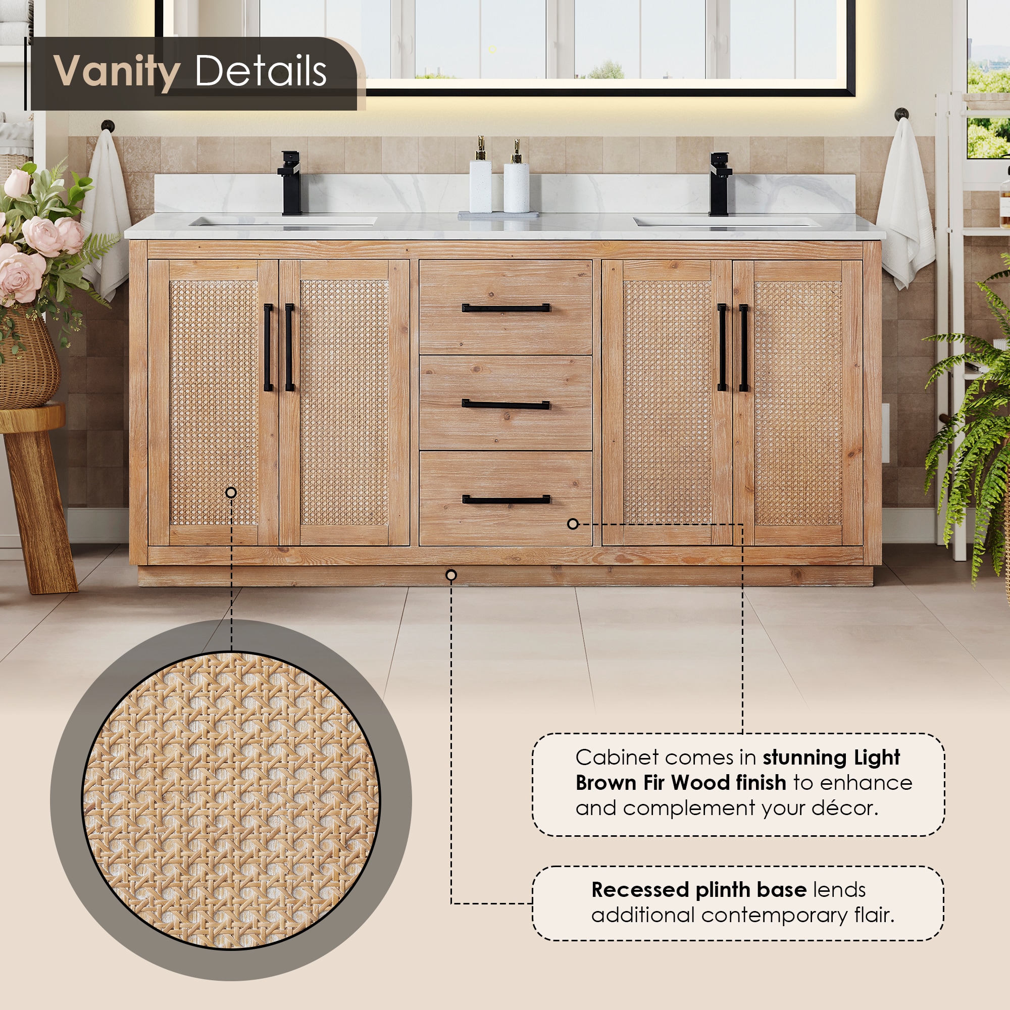 Light Brown Double Sink Freestanding Vanity with Rattan Doors and Quartz Top