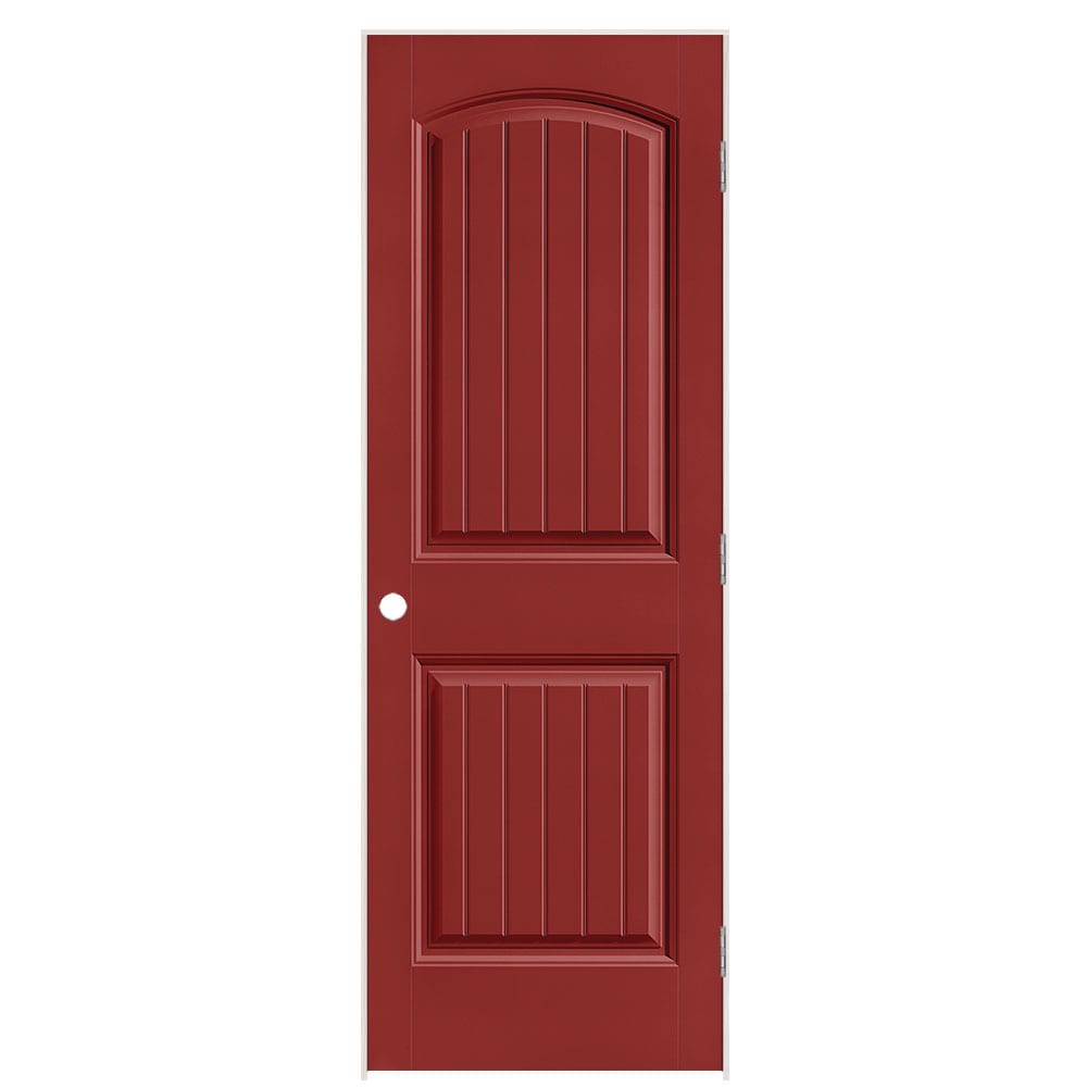 Masonite 1443809 28-in x 80-in Barn Red Solid core 2-panel round top plank Left hand Smooth Prefinished Molded composite Flat Jamb Single Prehung Interior Door