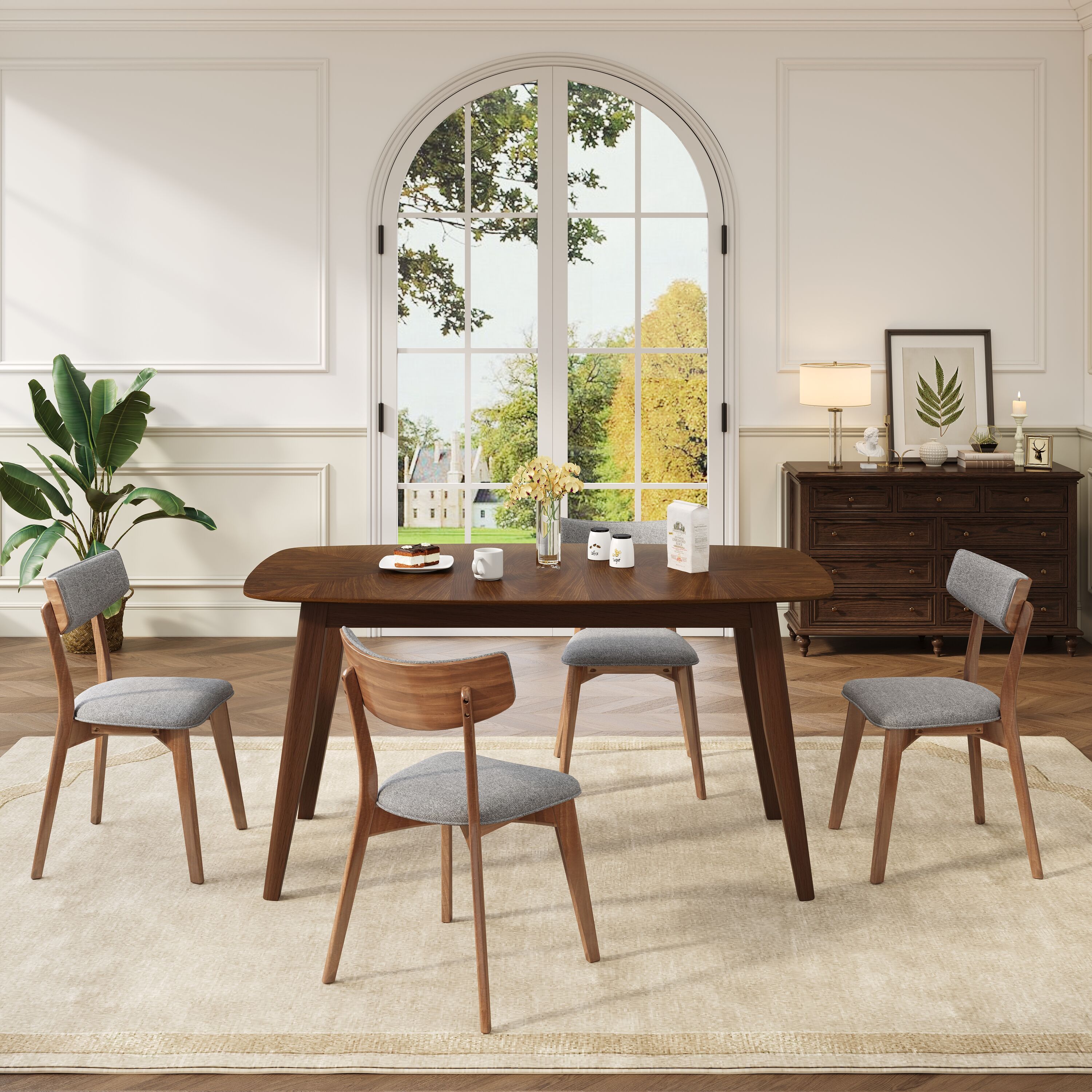 Christopher Knight Home 324658 Chazz Mid Century 5 Piece Dining Set with Rounded Rectangle Table - Dark Gray and Walnut