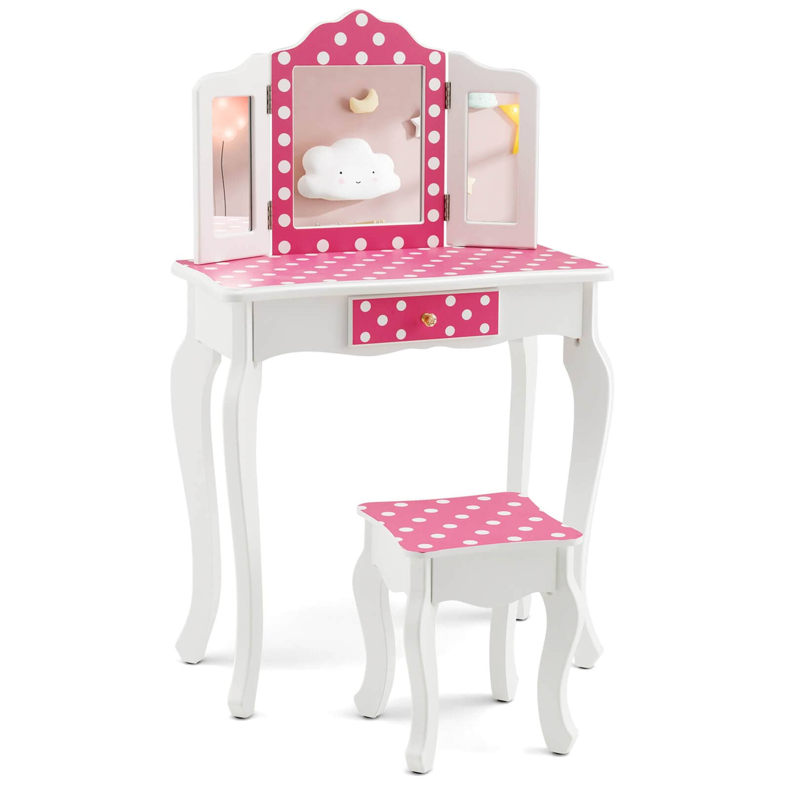 SUGIFT Kids Vanity Table and Stool Set with Tri-Folding Mirror Polka Dot Print 24-in Pink Makeup Desk