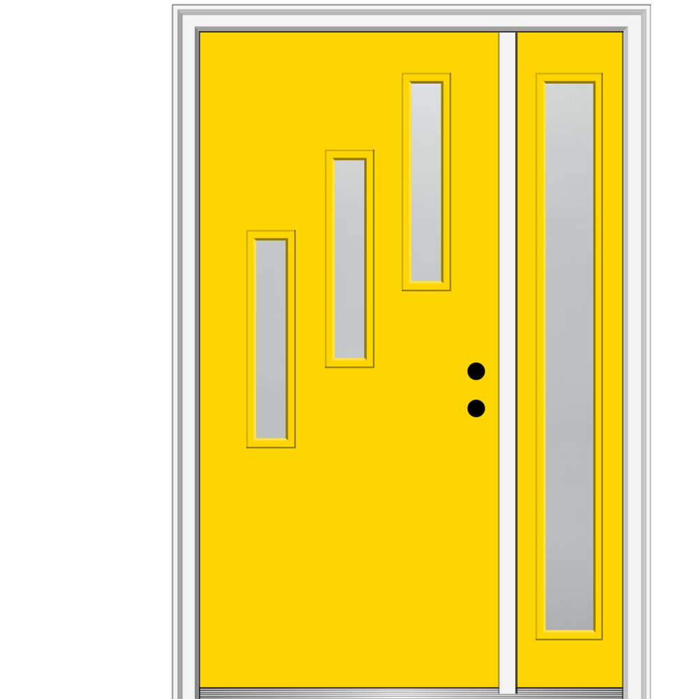 MMI DOOR ZZ350786L Spotlights 48-in x 80-in Fiberglass Half Lite Left-Hand Inswing Yellow Flash Painted Prehung Front Door with Right Sidelight with Brickmould Insulating Core