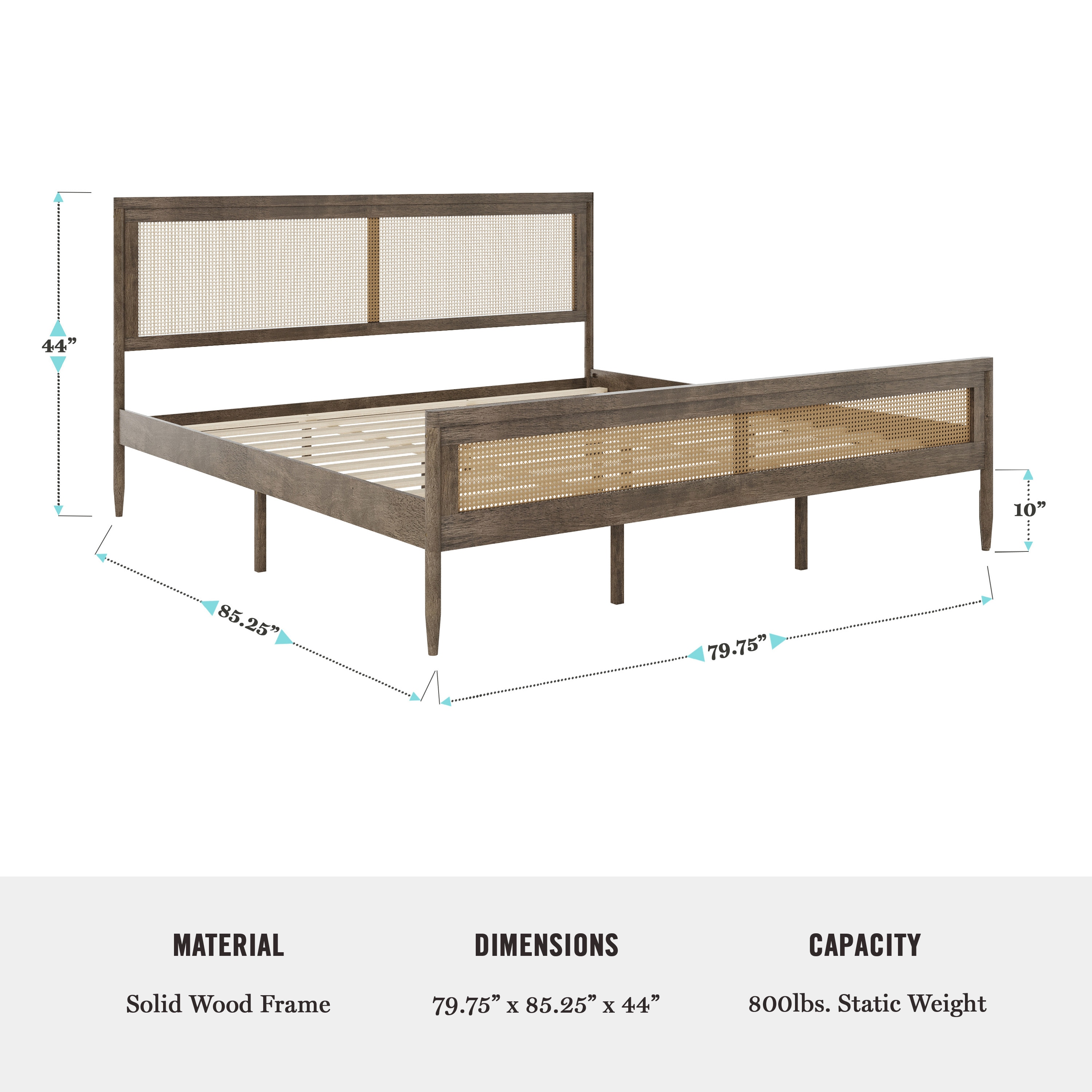 King Brown Gray Wood Frame Platform Bed with Rattan Headboard