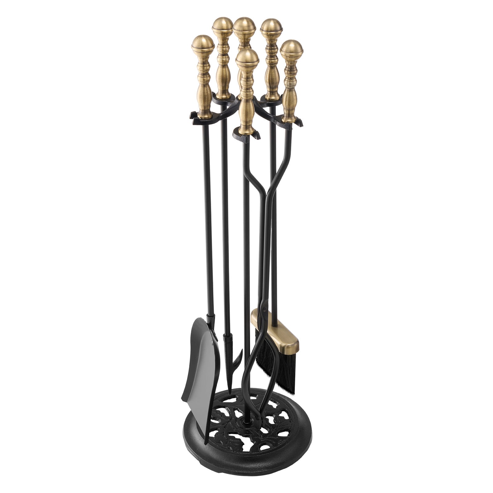 GIVIMO 5-Piece Wrought Iron Fireplace Tool Set with Poker Ash Shovel Brush Tongs and Five-Prong Stand Powder-Coated Black Finish Extended Ergonomic Handles 30.31 x 8.86 x 8.86-in Assembled Size and 13.89-lb Net Weight for Indoor and Outdoor Use