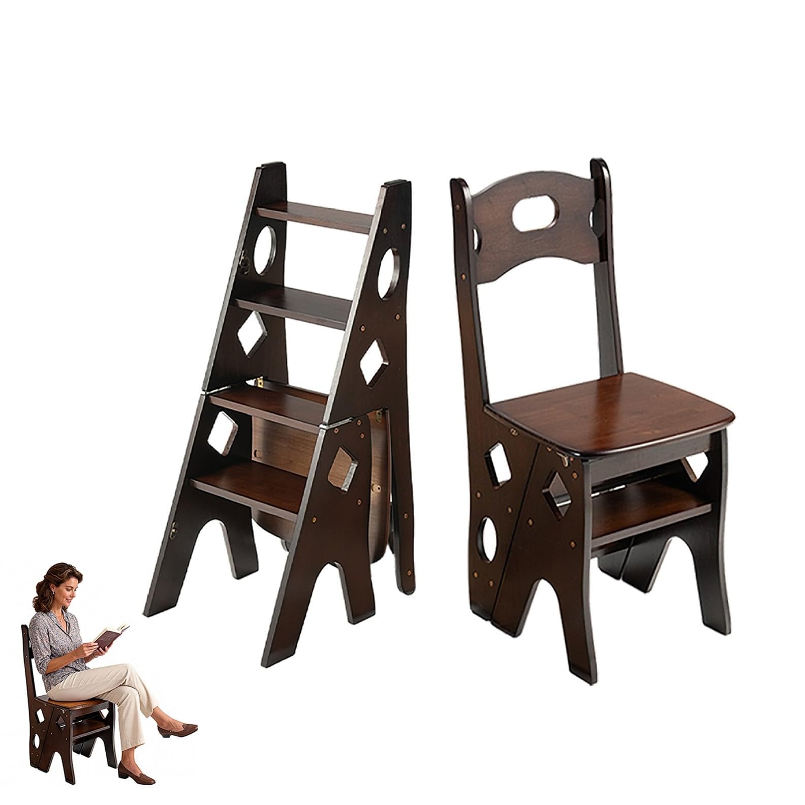 SenQWFa Wooden Library Ladder Chair Step Stool Chair Foldable 4 Step ...