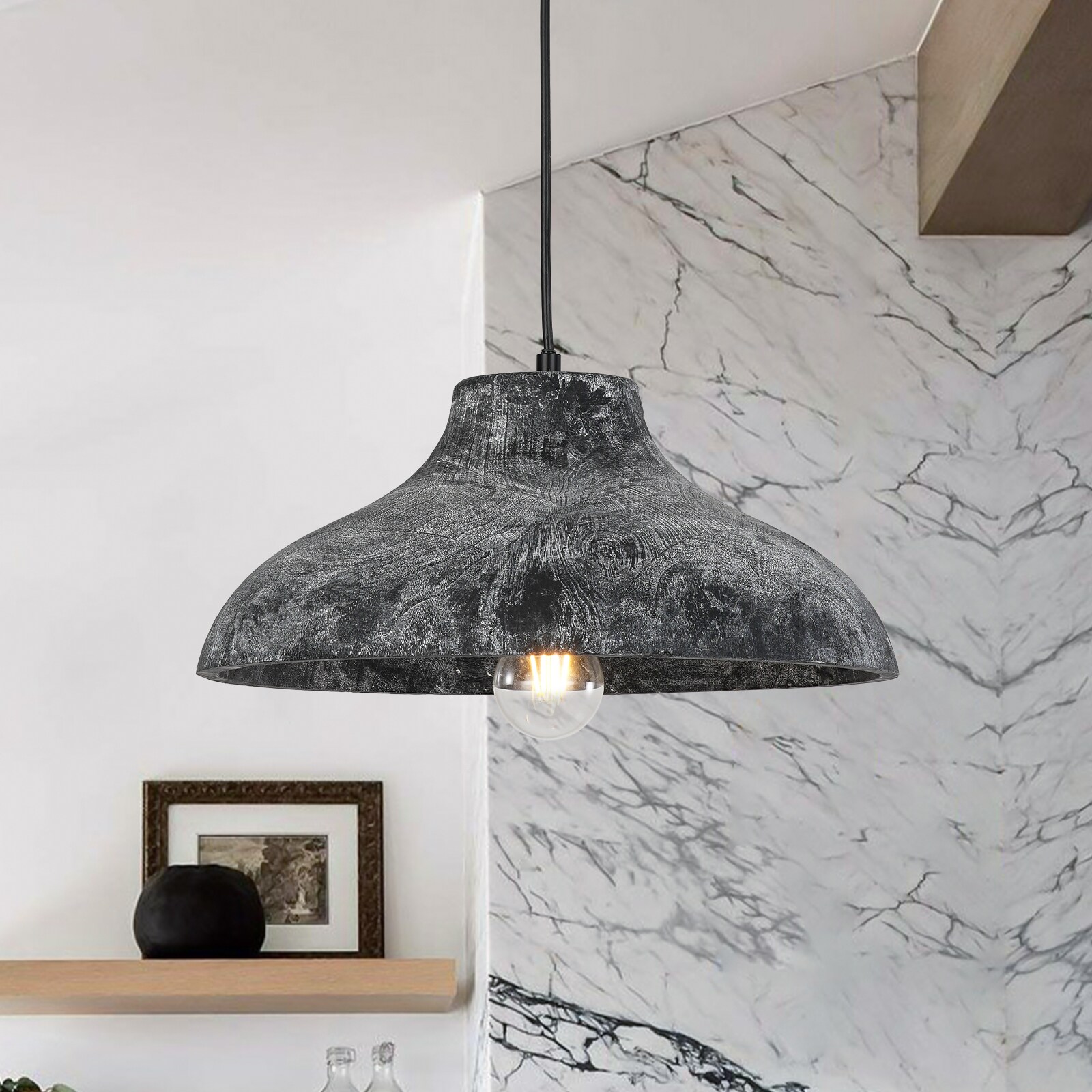Zicbol 1 -Light Distressed Gray Industrial Metal Bowl Medium Hanging Pendant Light