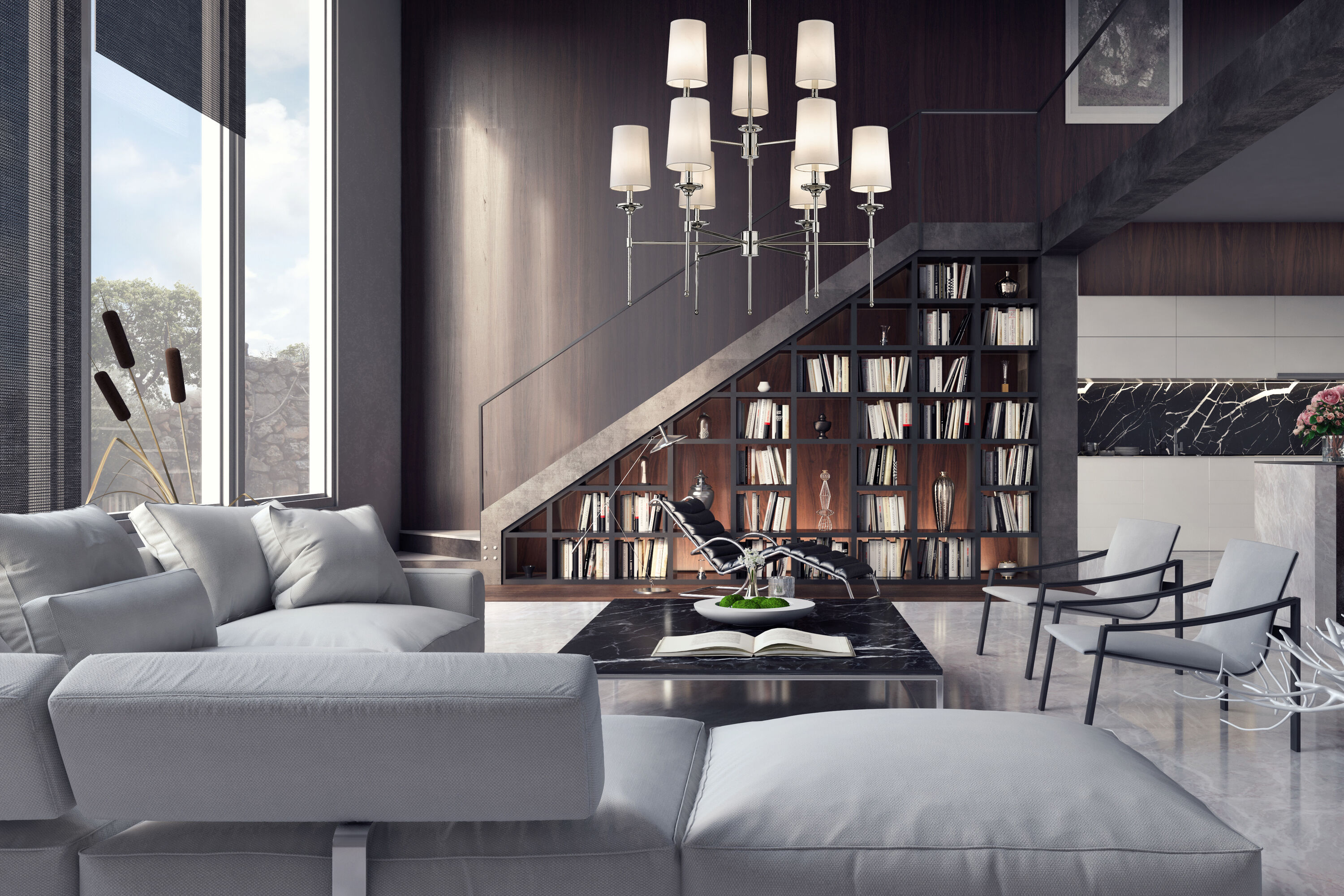 Polished Nickel 9-Light Chandelier with Off-White Shades