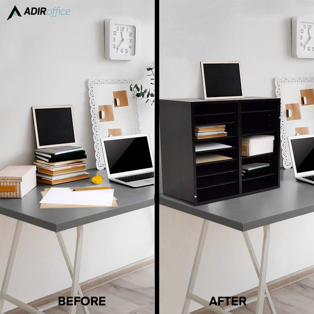 Black MDF 16-Compartment Adjustable File Organizer