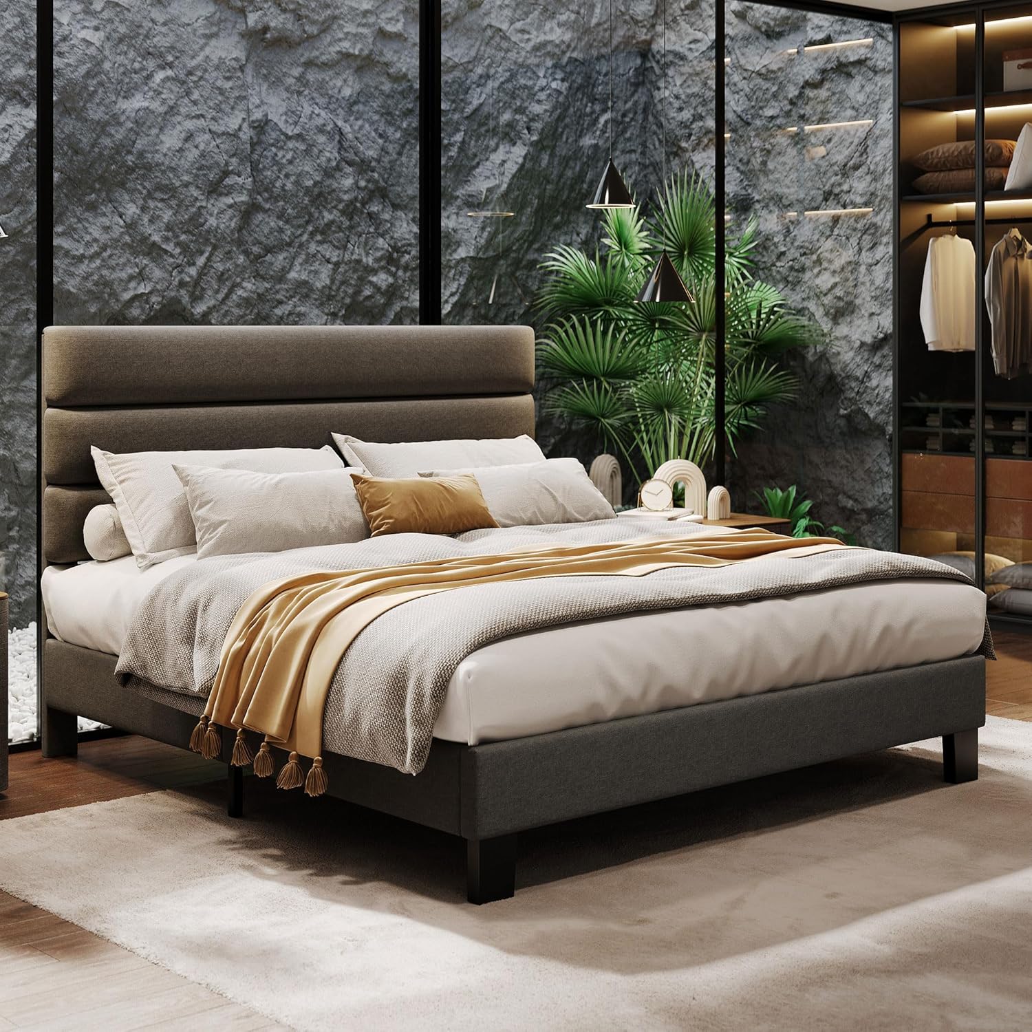 Qeetex LHF-BED-PHK-33YCUVDF Full Bed Frame Platform Bed with Adjustable Headboard Linen Fabric Upholstered and Wooden Slats Support Heavy Duty Mattress Foundation No Box Spring Needed Easy Assembly Dark Grey