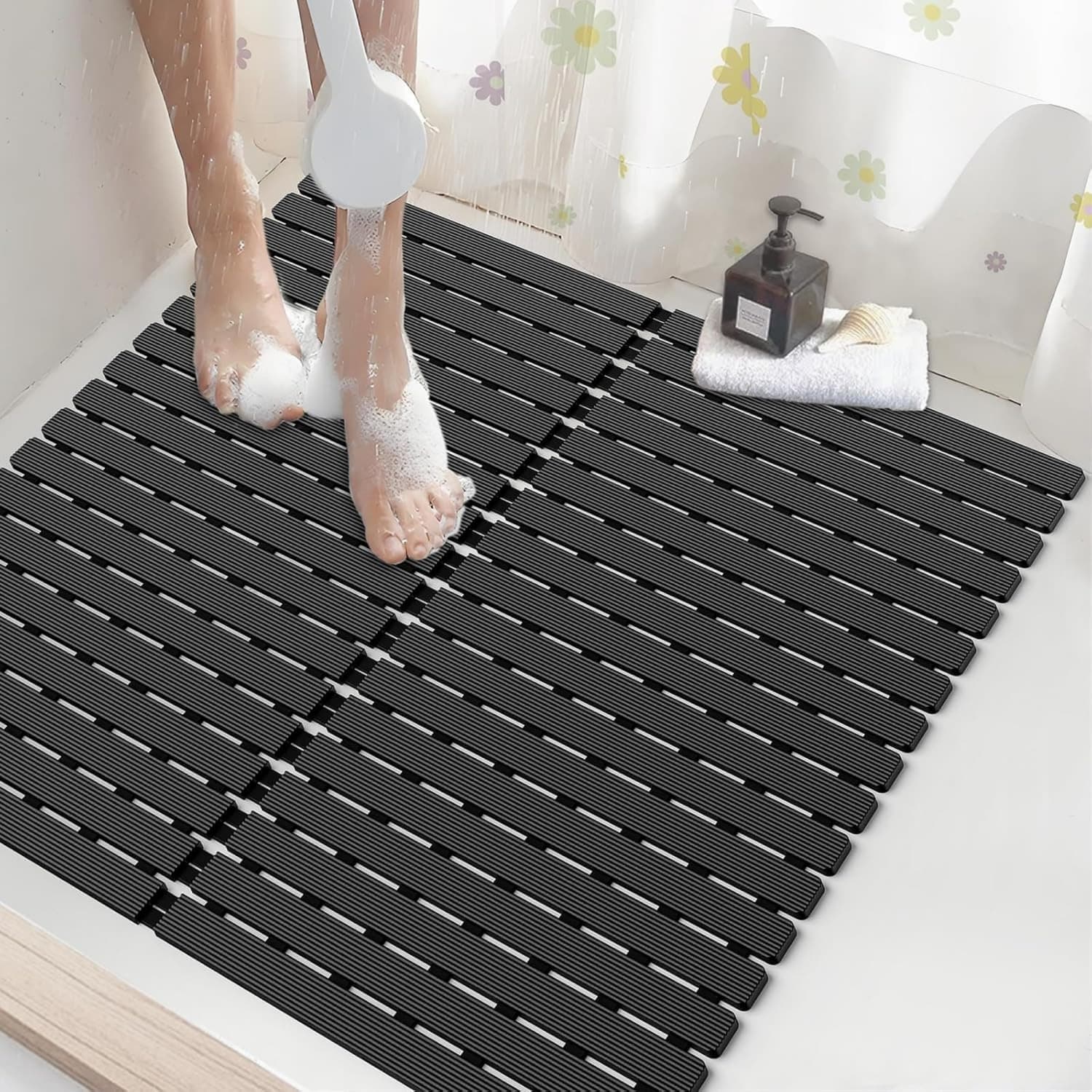 Angel Sar Suction Cup Black Shower Mat with Drain Holes for Inside Shower