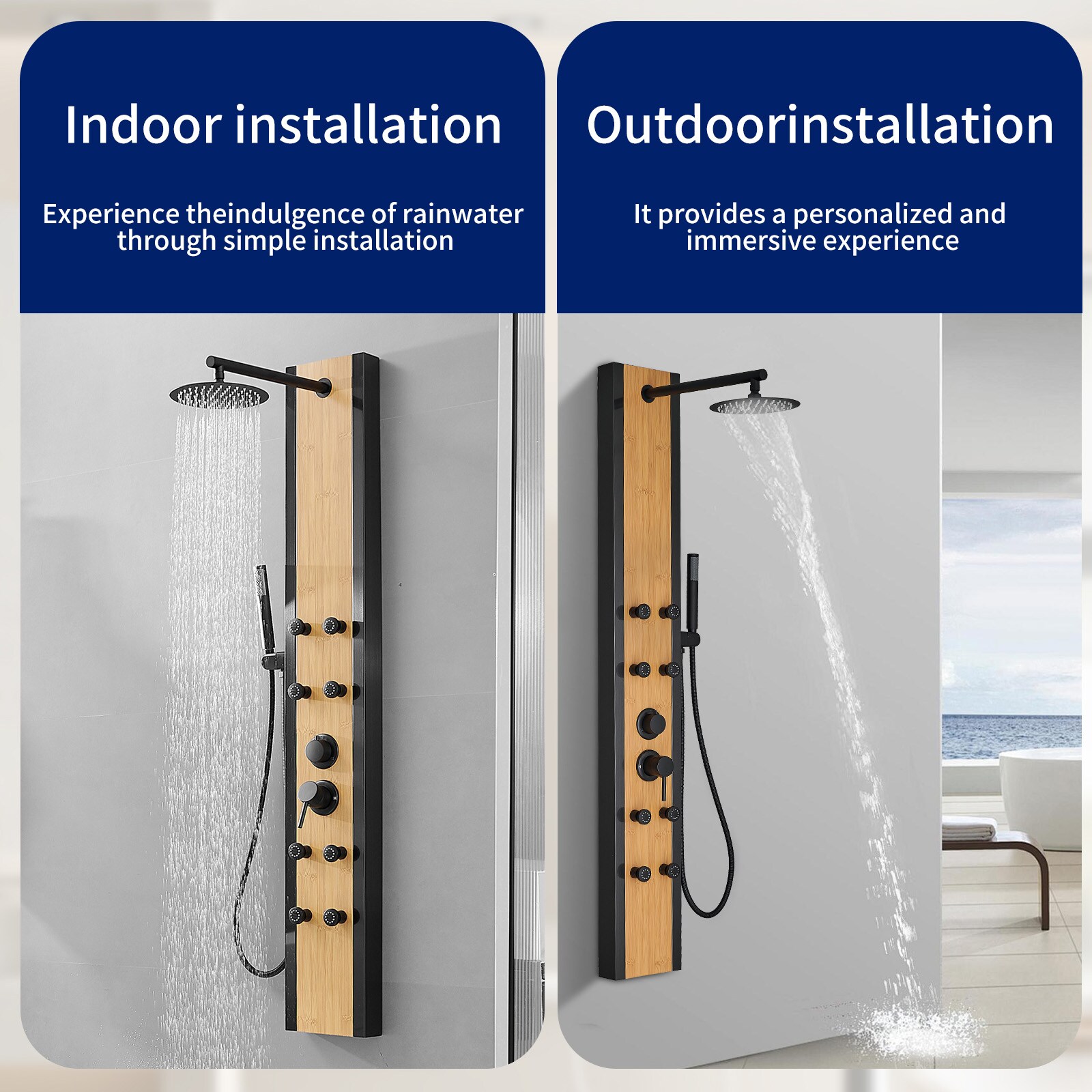 Matte Black and Bamboo 60'' Shower Panel System with Jets