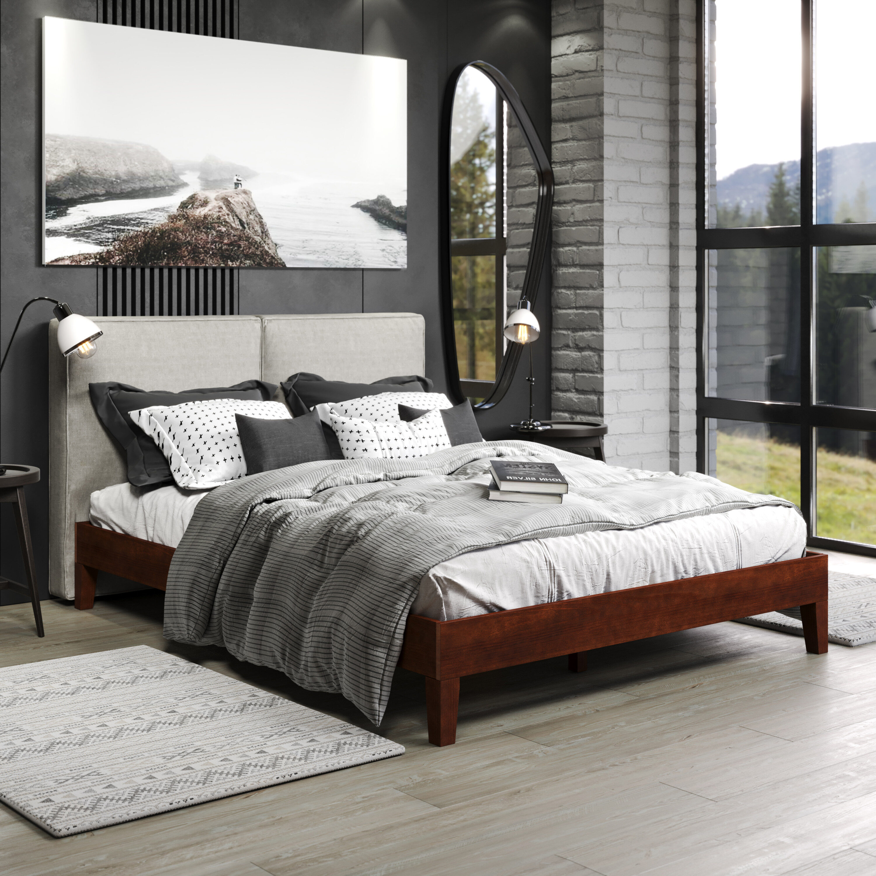Natural Pine Queen Platform Bed with Slats and Drawer