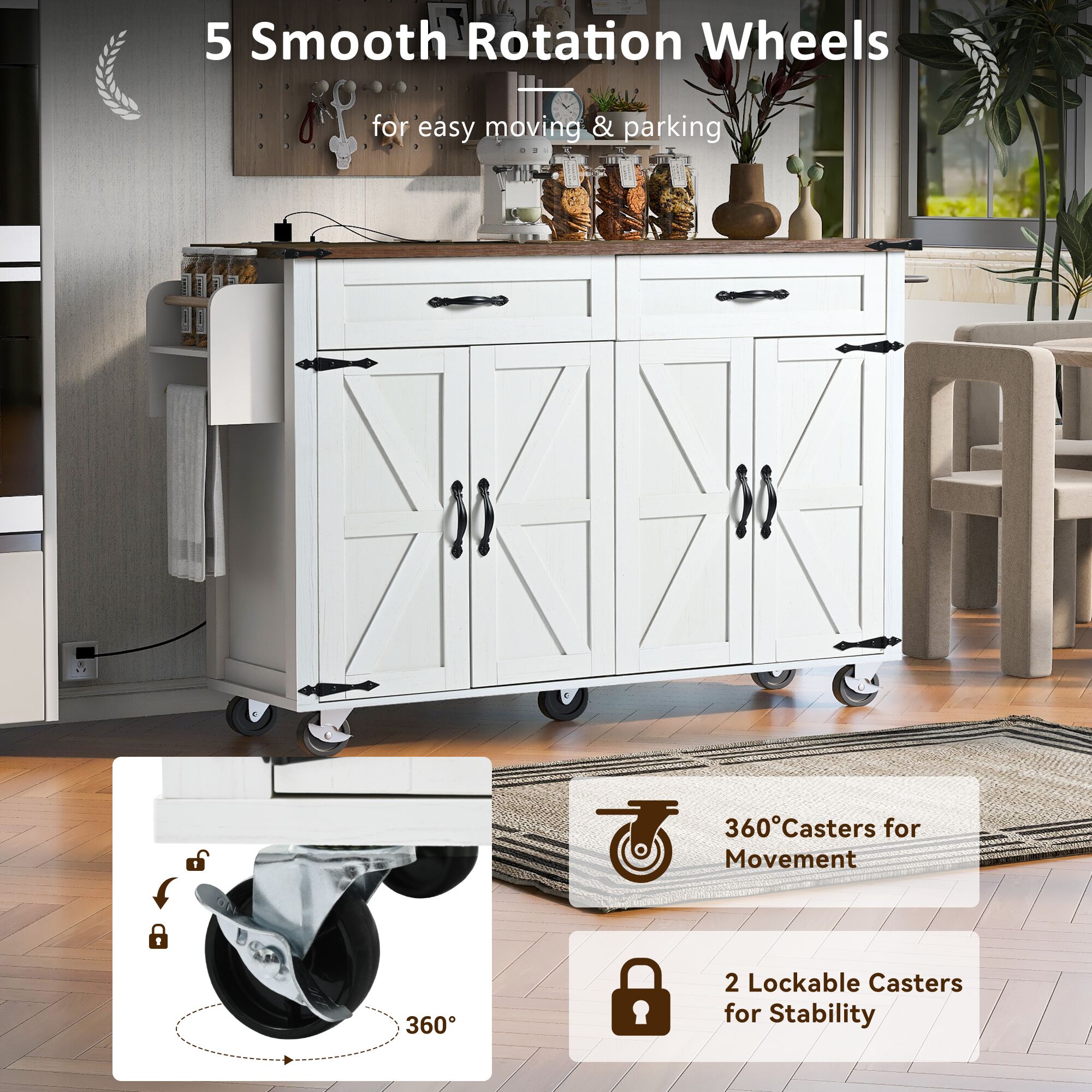 ModernLuxe White MDF Base with Wood Wood Top Rolling Kitchen Island ...