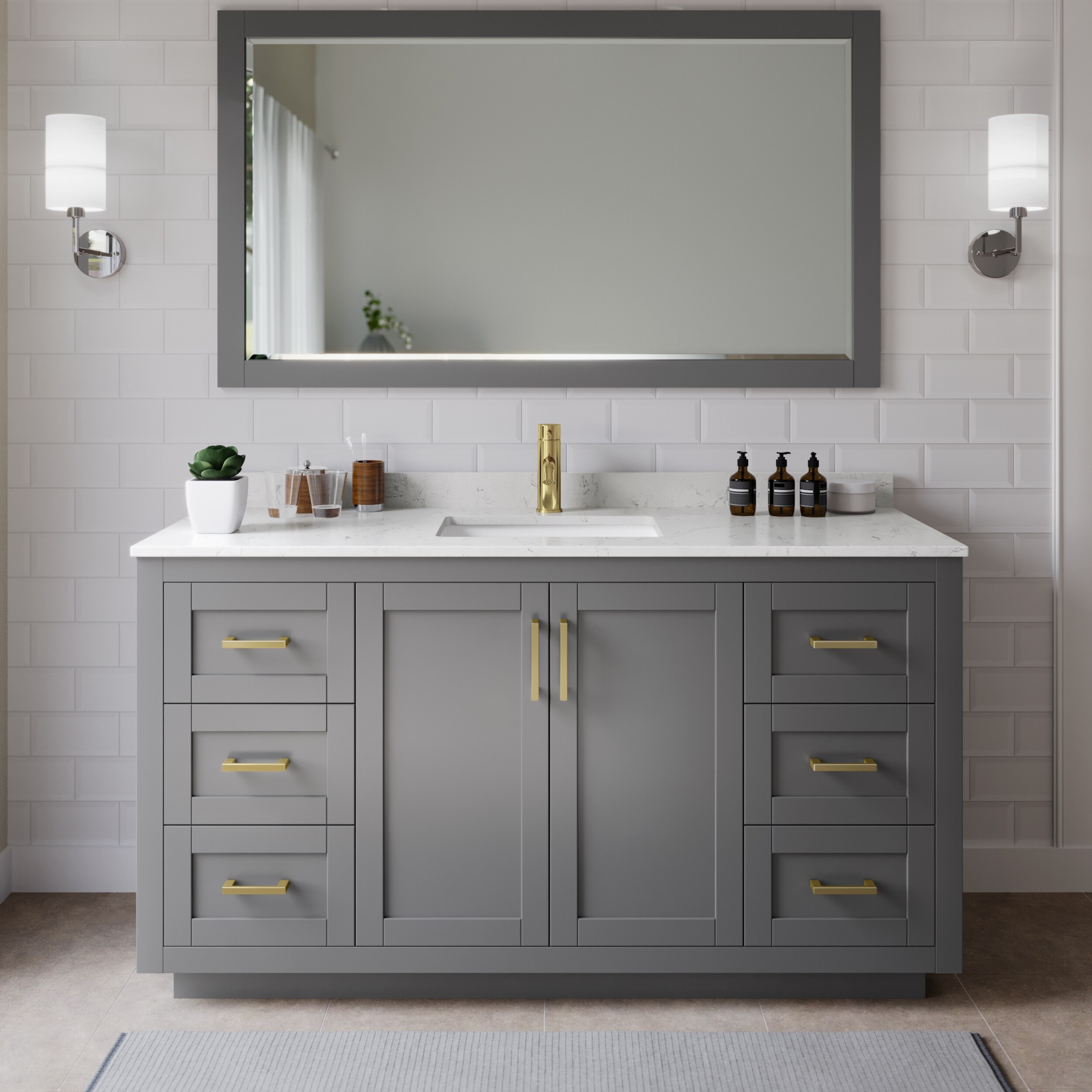 Wyndham Collection WCF292966SGGC2UNSMXX Miranda 66-in Dark Gray with Brushed Gold Trim Undermount Single sink Bathroom Vanity with Carrara Cultured Marble Cultured marble Top
