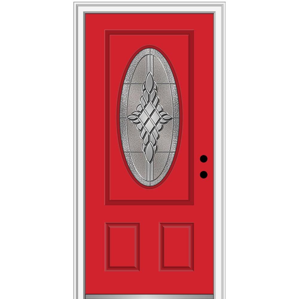 MMI DOOR ZZ3667757L 36-in x 80-in x 6-9/16-in Fiberglass Oval lite Left-hand inswing Red Saffron Painted Prehung Front Door with Brickmould Insulating core