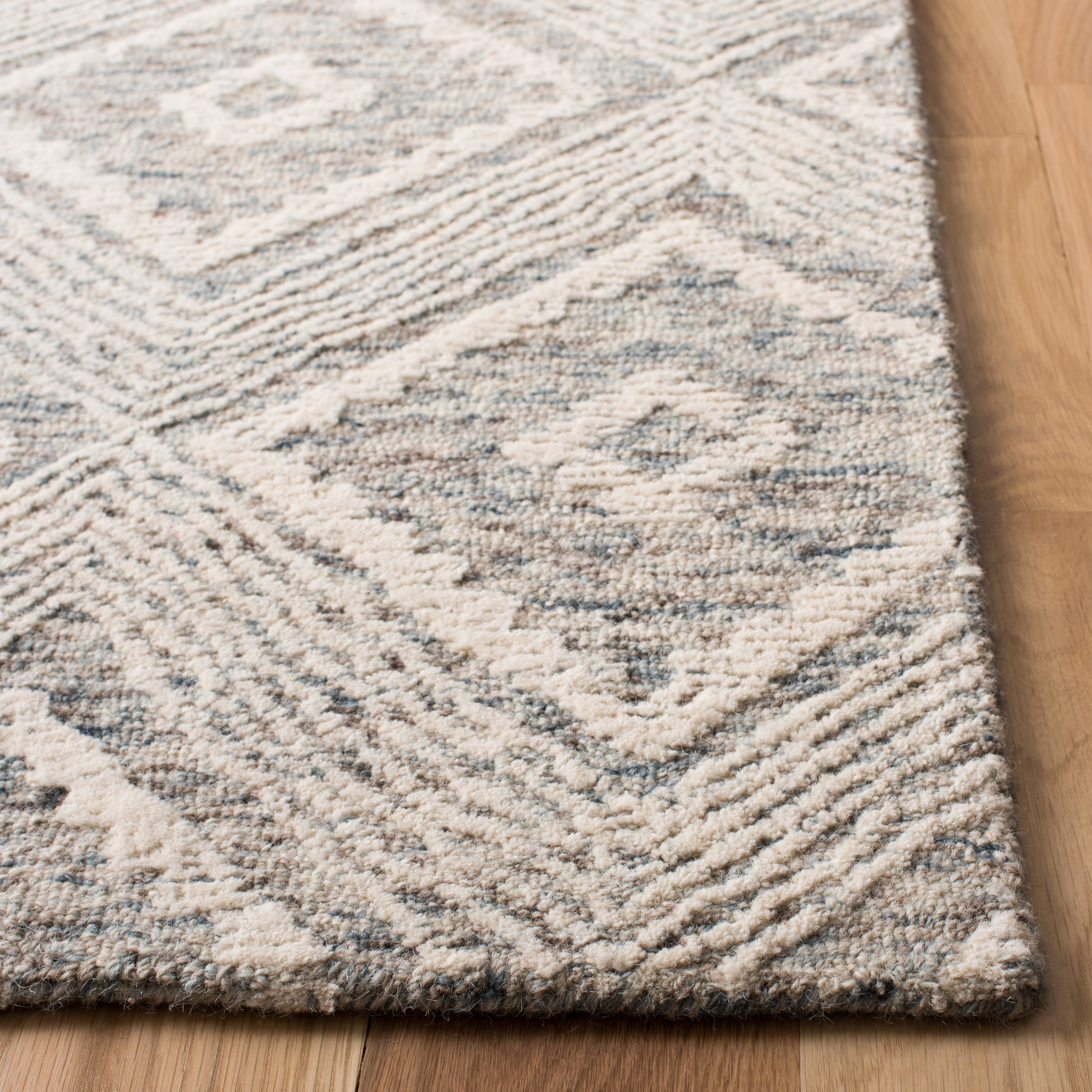Ivory and Denim Abstract Tufted Wool Square Area Rug