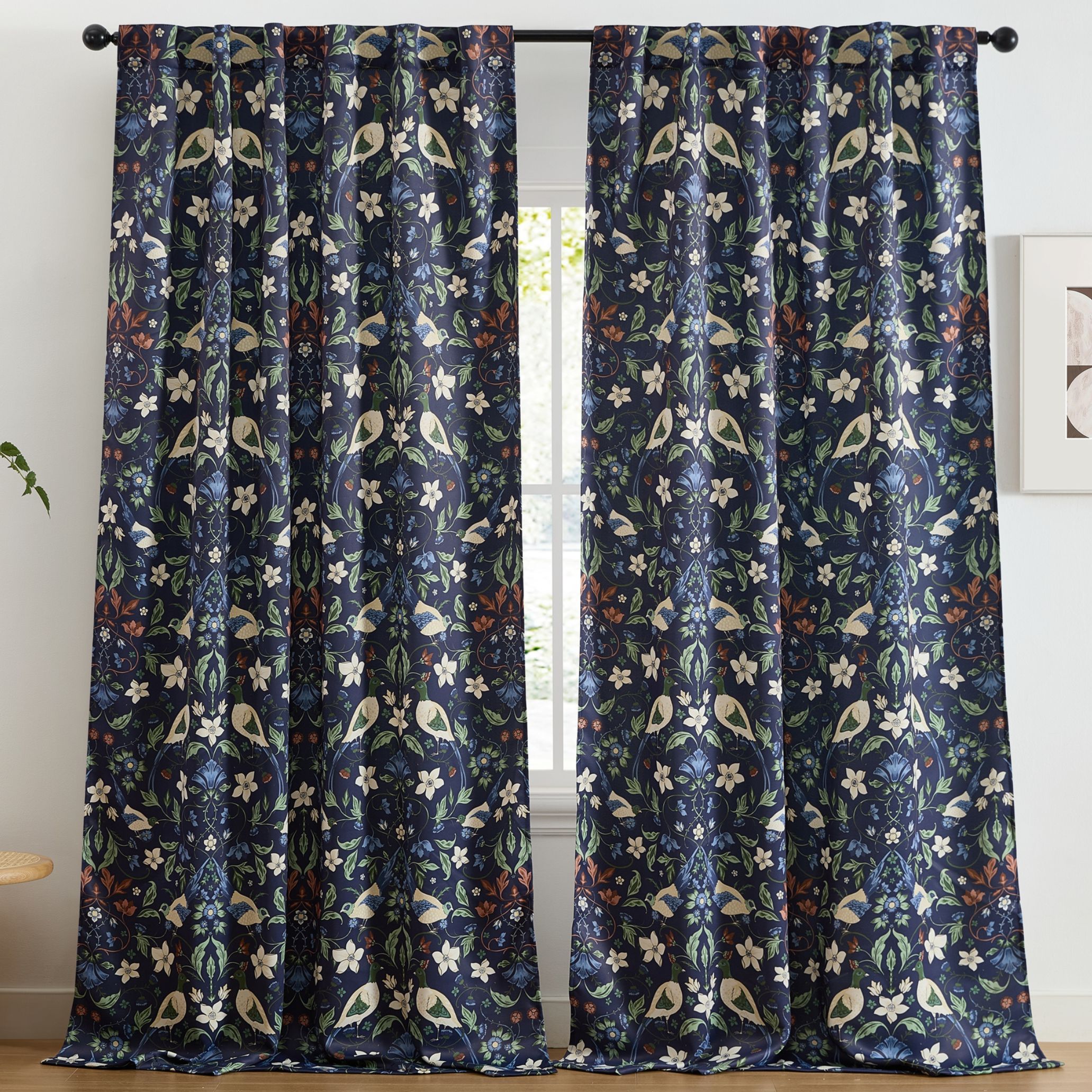 HLC.me  Florence Floral and Birds Patterned Window Back Tab Rod Pocket Curtains Bedroom - Light Blocking Darkening Window Panels - Set of 2