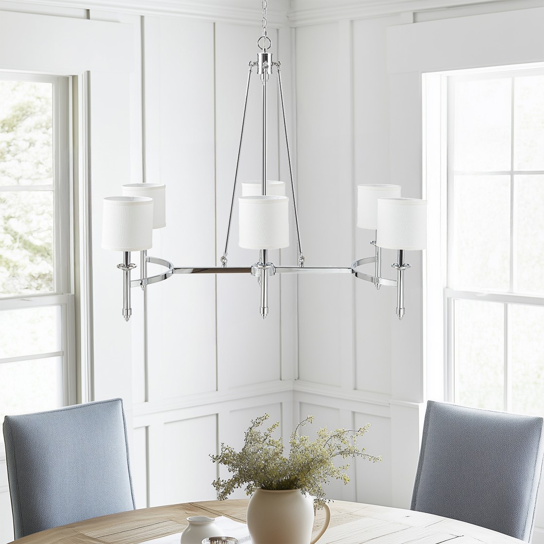 LUXEYARD 6-light Chandelier with Fabric Drum Shades Chrome See below