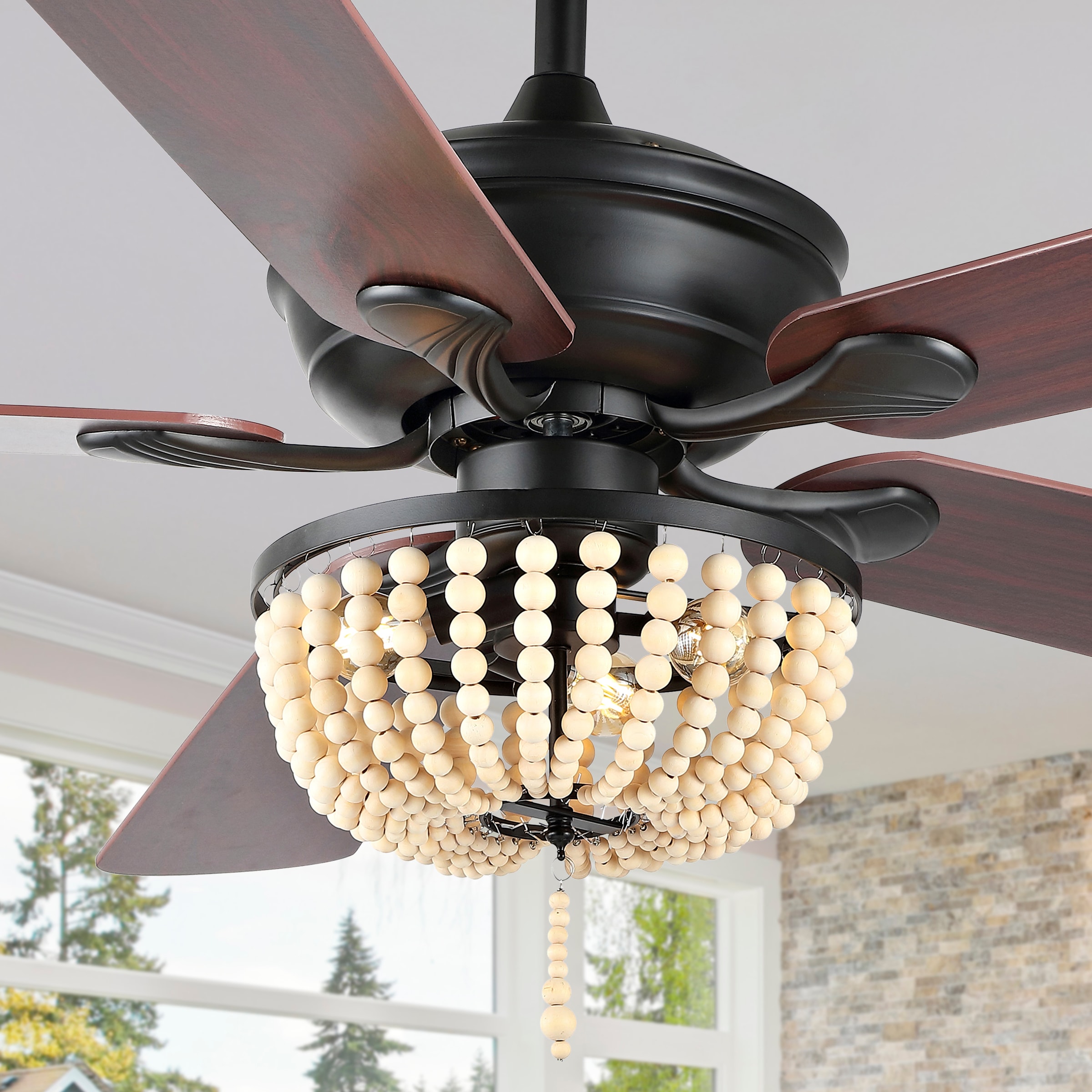 JONATHAN Y Erin Industrial Rustic 52-in Black/Light Brown Indoor Downrod or  Flush Mount Smart Chandelier Ceiling Fan with Light and Remote (5-Blade) in  the Ceiling Fans department at