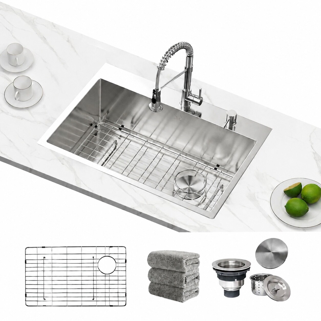 LILILIAN FMY  Kitchen Sink 27 x 22 inch Drop-In Top Mount 16 Gauge Tight Radius Single Bowl 2-Hole Stainless Steel Sink with Accessories Pack of 4