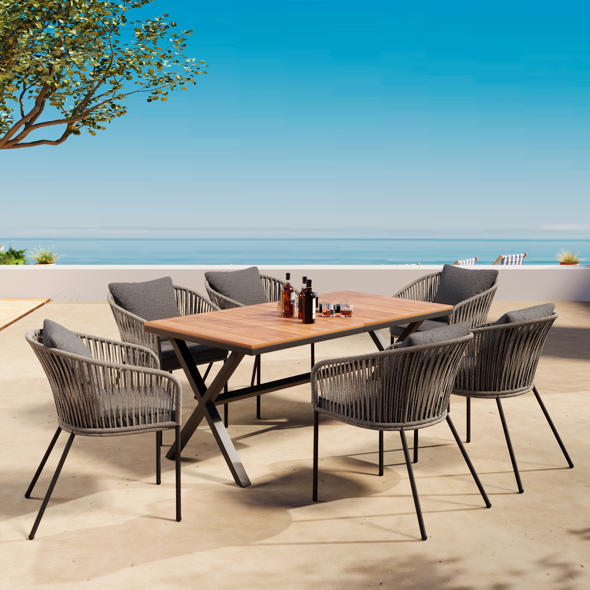 Xspracer ML-PDS34D Dining Set 7 -Piece Black Patio Dining Set Wood Rectangle Table with 6 Gray Cushions Stationary and Motion Chairs