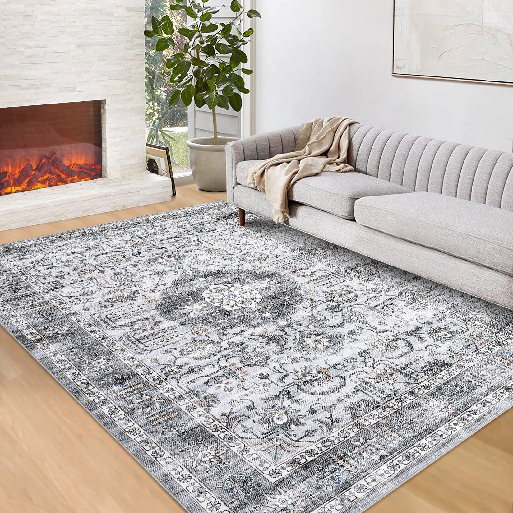 Garvee YXY-LO-PHO-11QDYM5W 5 x 7 (ft) Polyester Gray Rectangular Indoor Medallion Vintage Machine washable Area rug