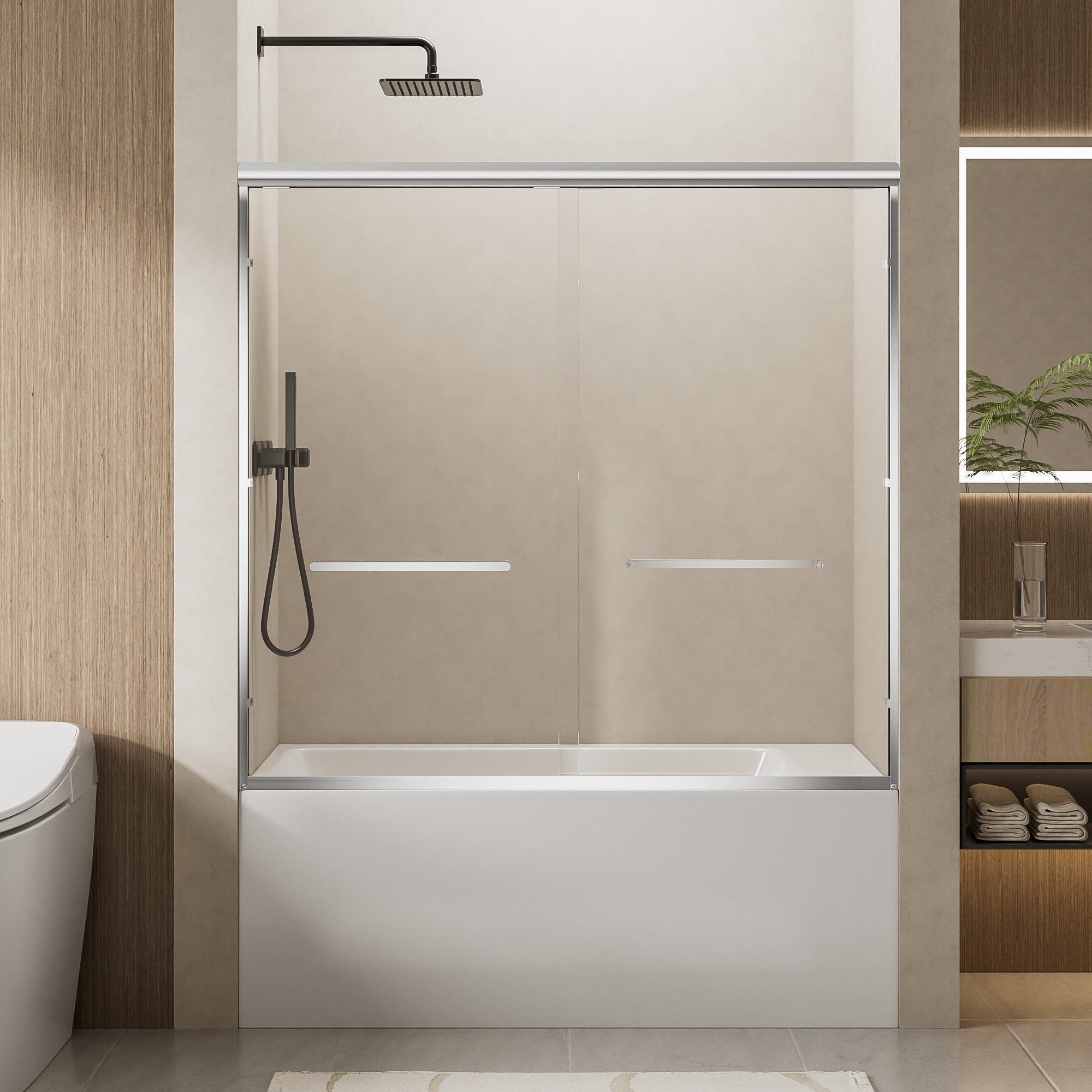 GLANZEND  Chrome 56-in to 60-in W x 57-in H Framed Clear Tempered Glass Double Sliding Shower Door