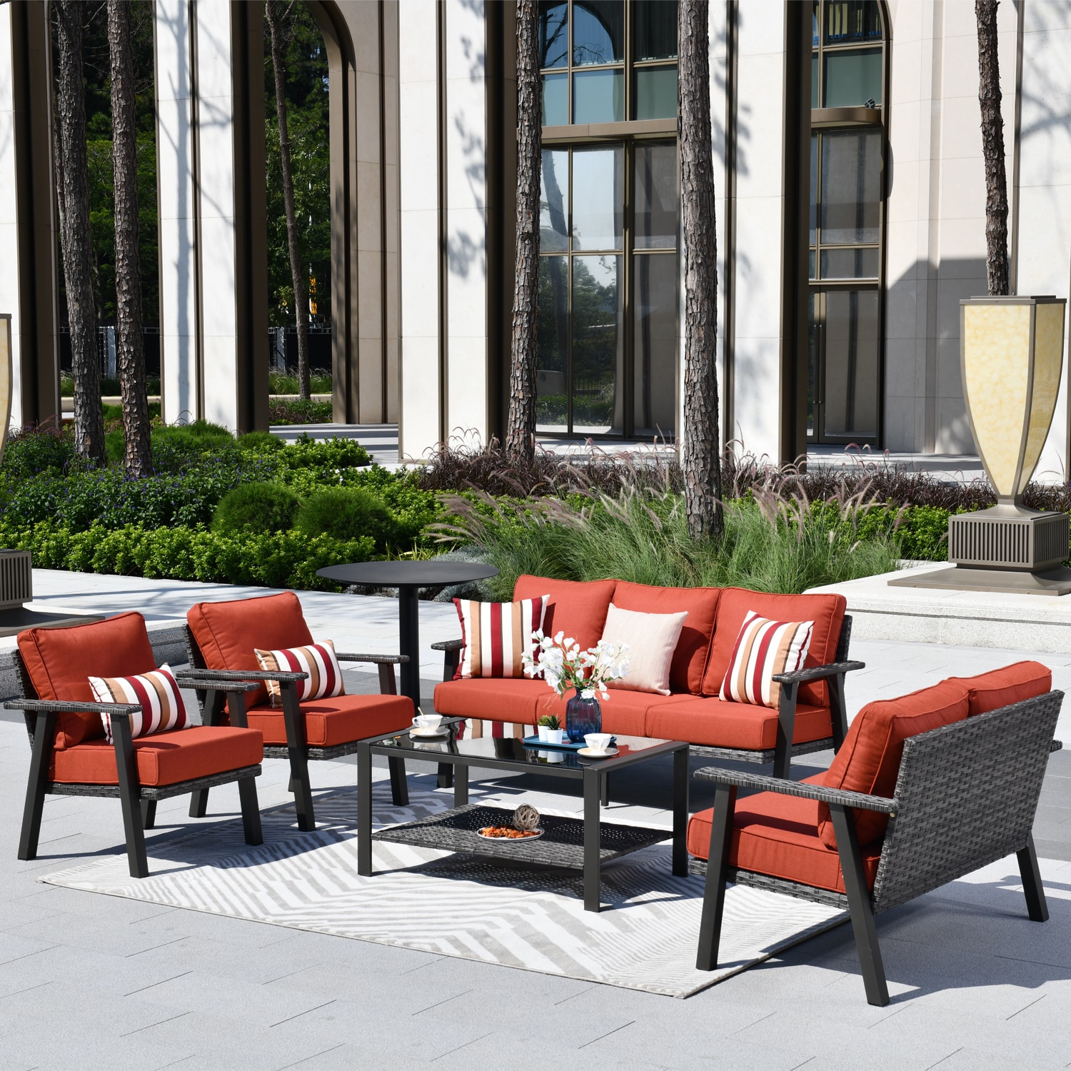Pouuin SHW80TB05 5 -Piece Wicker Patio Sofa Conversation Set with Orange Cushions