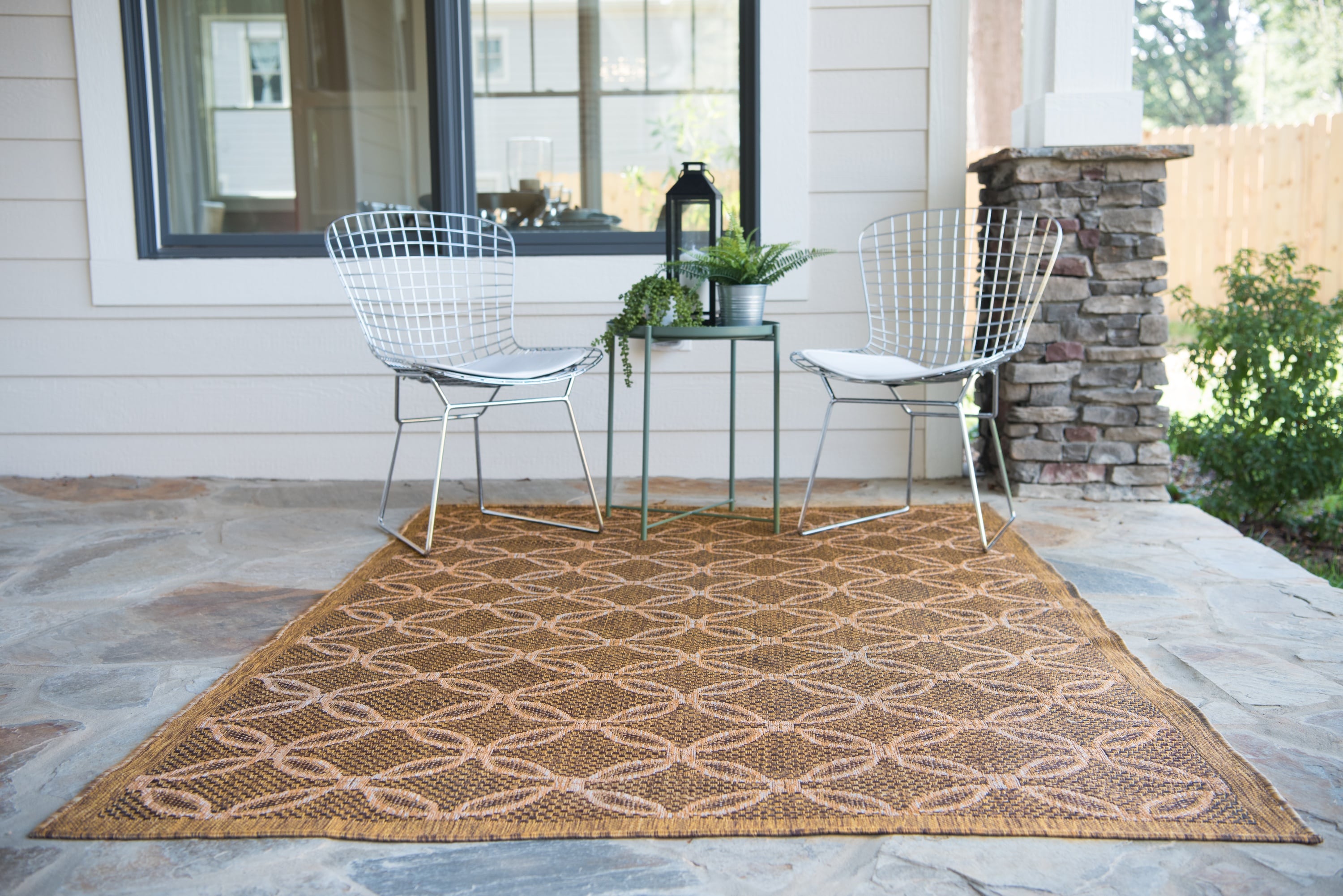 Ivory and Brown Synthetic Flat Woven Reversible Outdoor Rug