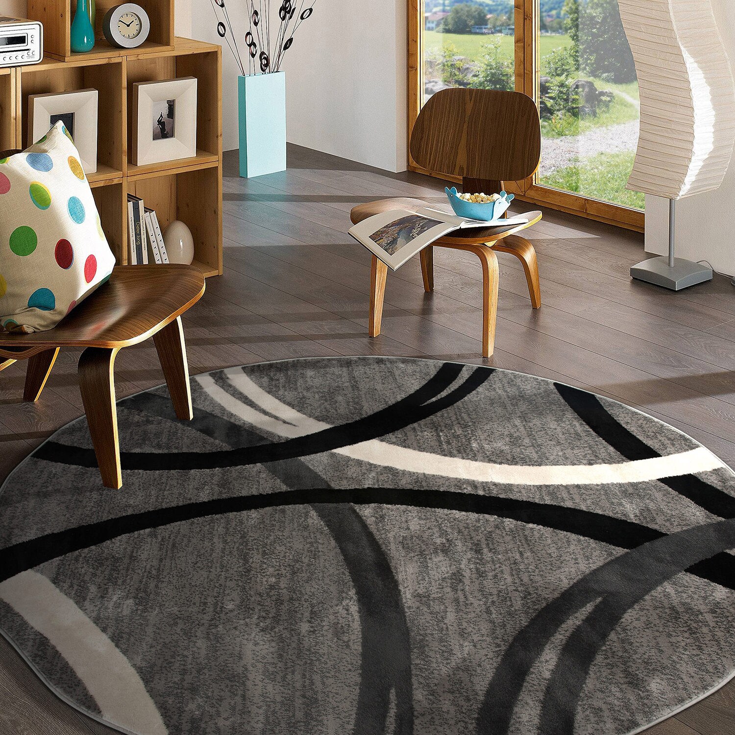 Gray and Black Abstract Circles 6'6" Round Area Rug
