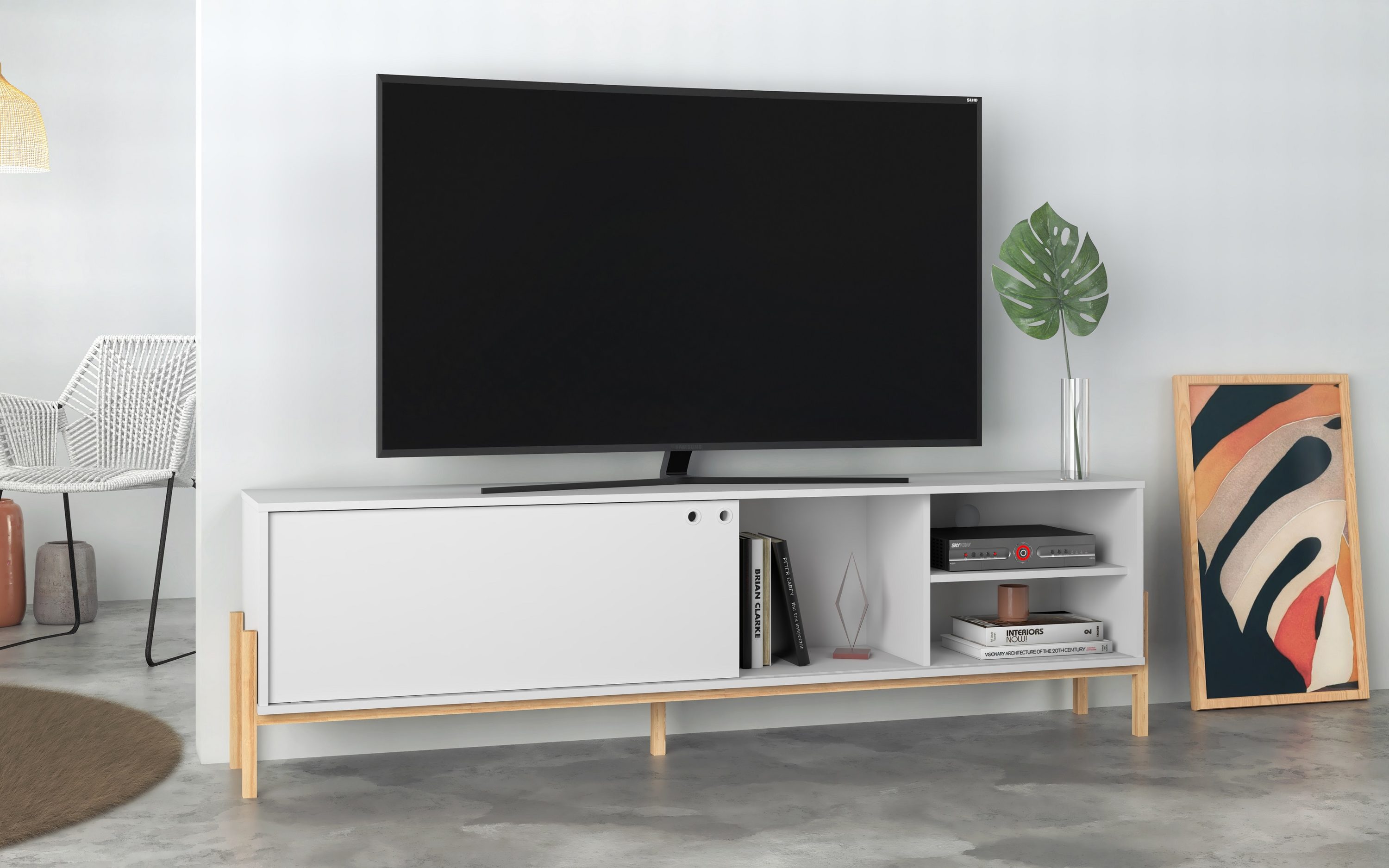 Manhattan Comfort 307AMC157 Bowery Modern/Contemporary White and Oak TV stand ( Accommodates TVs up to 70-in )