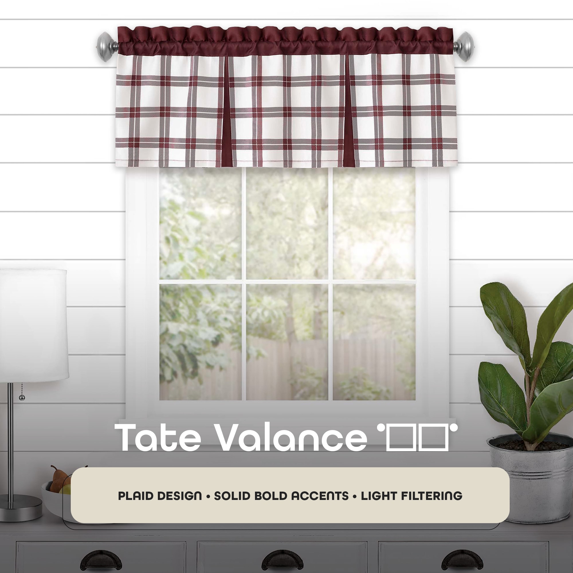 Burgundy Plaid Light Filtering Rod Pocket Valance, 56" x 13"