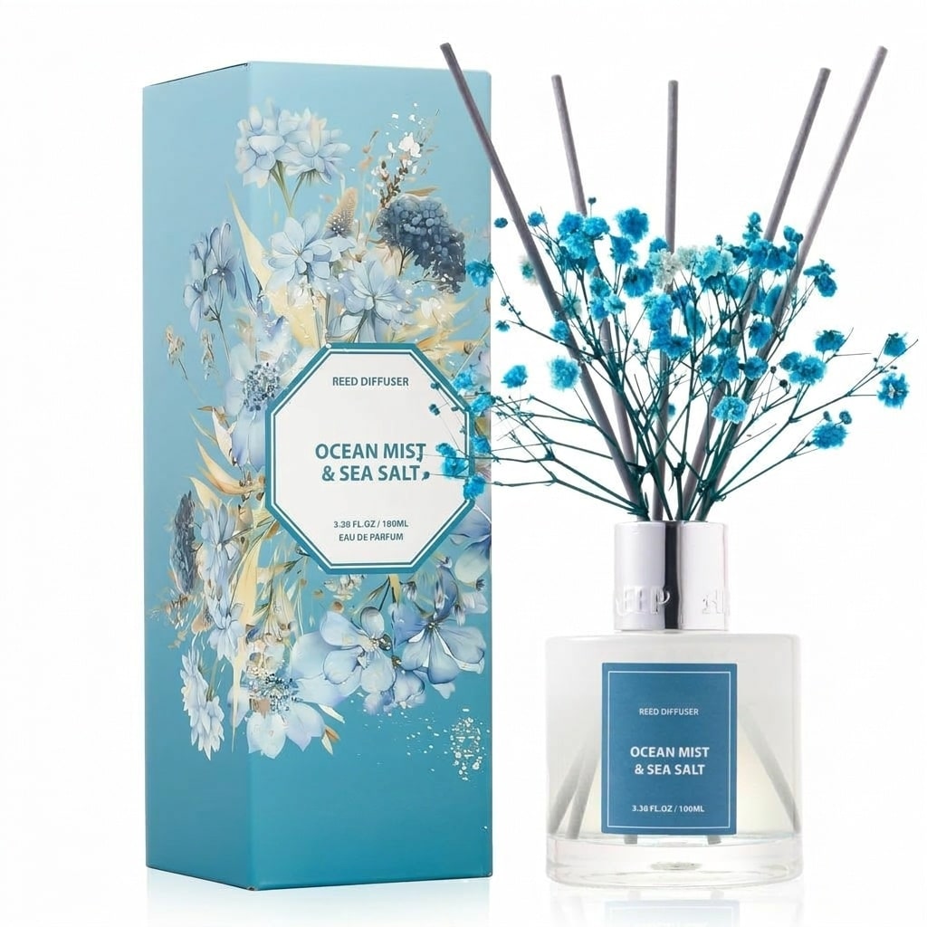 Phyfalip  Reed Diffuser Set Ocean Mist Sea Salt Scent Home Fragrance with 8 Reed Sticks Elegant Design Long Lasting Aroma for Bathroom Shelf Decor