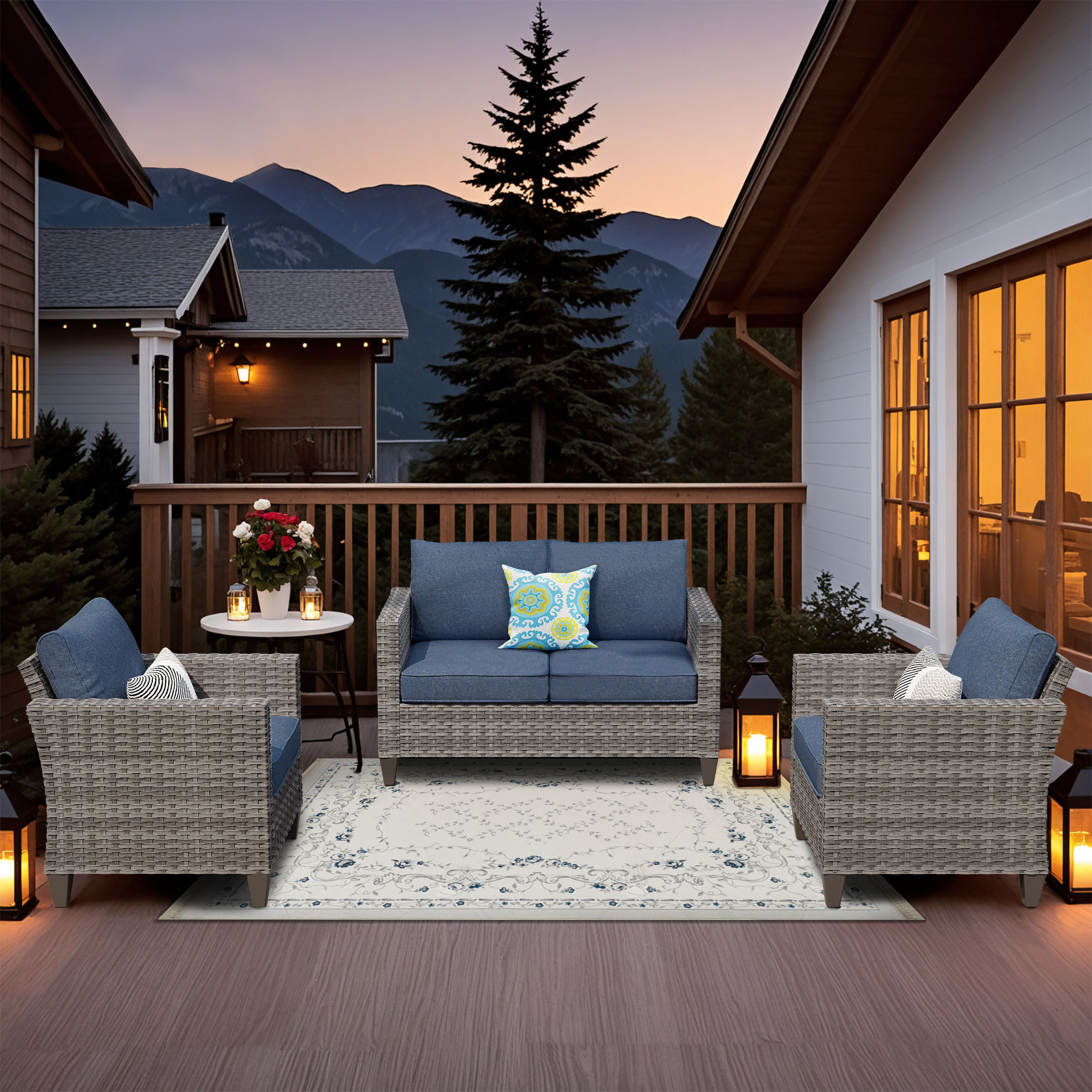 Pouuin SGR303 3 -Piece Wicker Patio Conversation Set with Blue Cushions