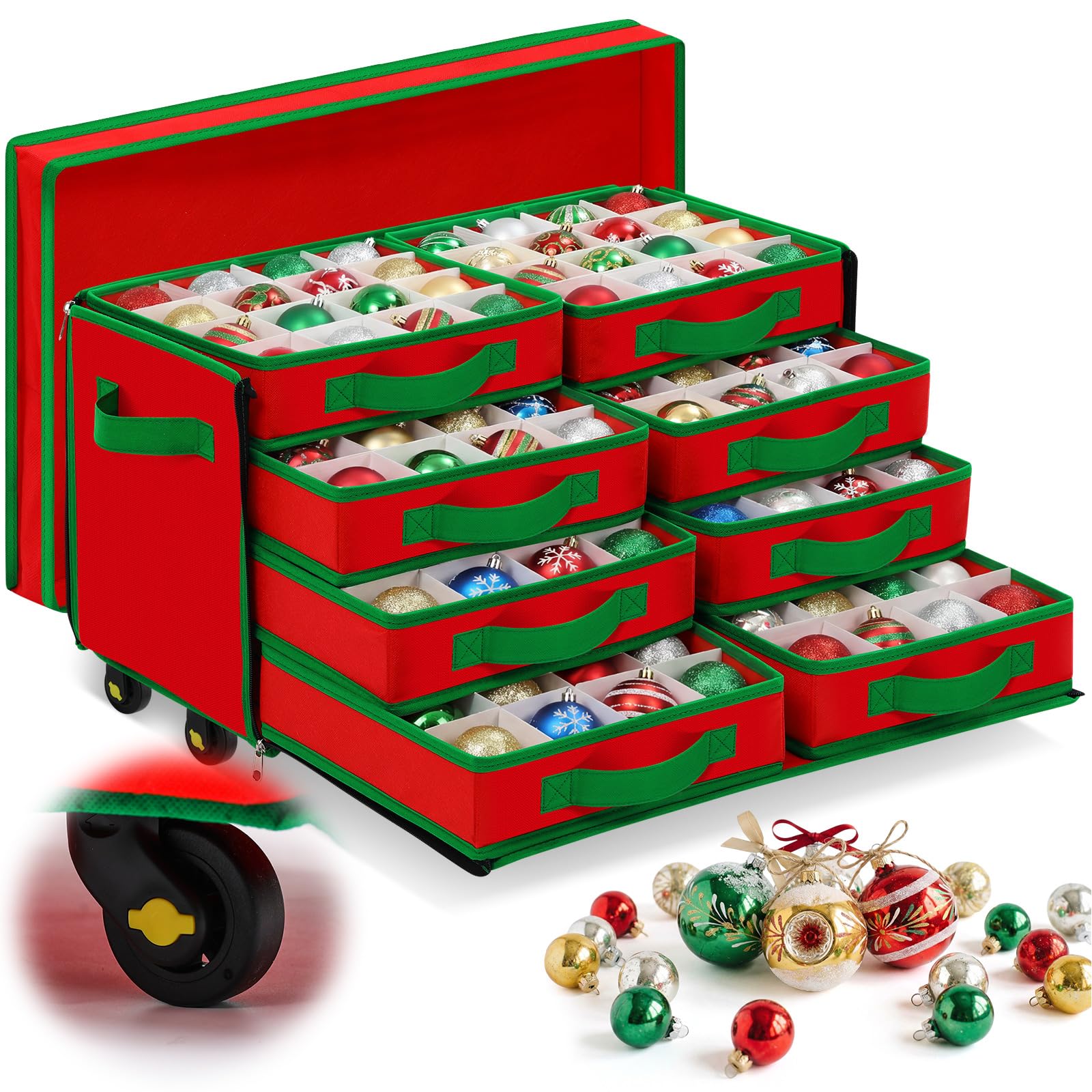 KIWDZFU -  Christmas Ornament Storage Box with Wheels 128 Slot Large Organizer with Adjustable Di...