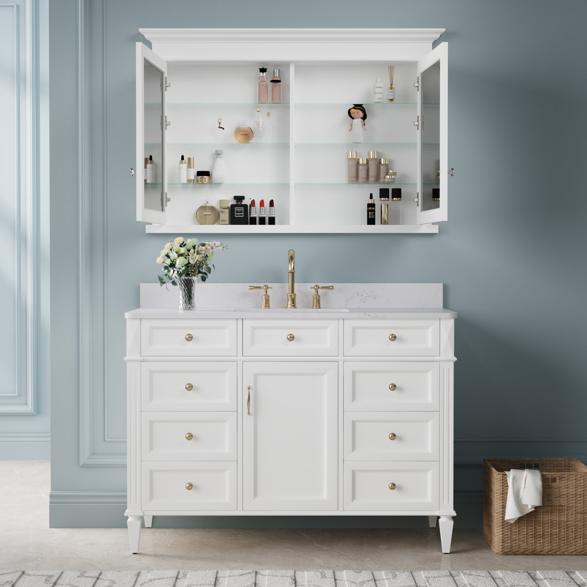 Forclover 48-in x 32-in Recessed Mount White Mirrored Soft Close Medicine Cabinet