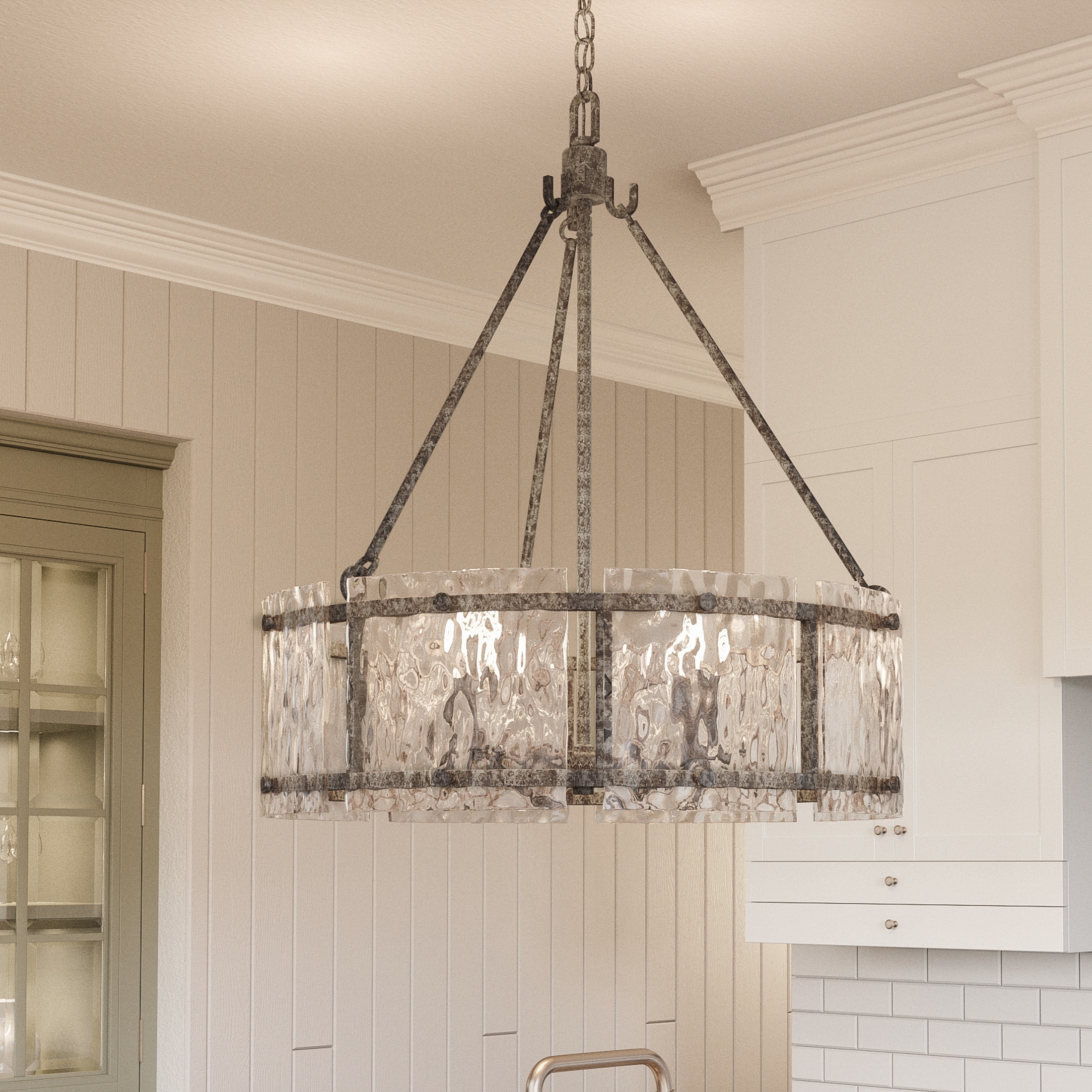 Quoizel FTS2821MM Fortress 5-Light Mottled Silver Transitional Textured Glass Drum Medium Hanging Pendant Light