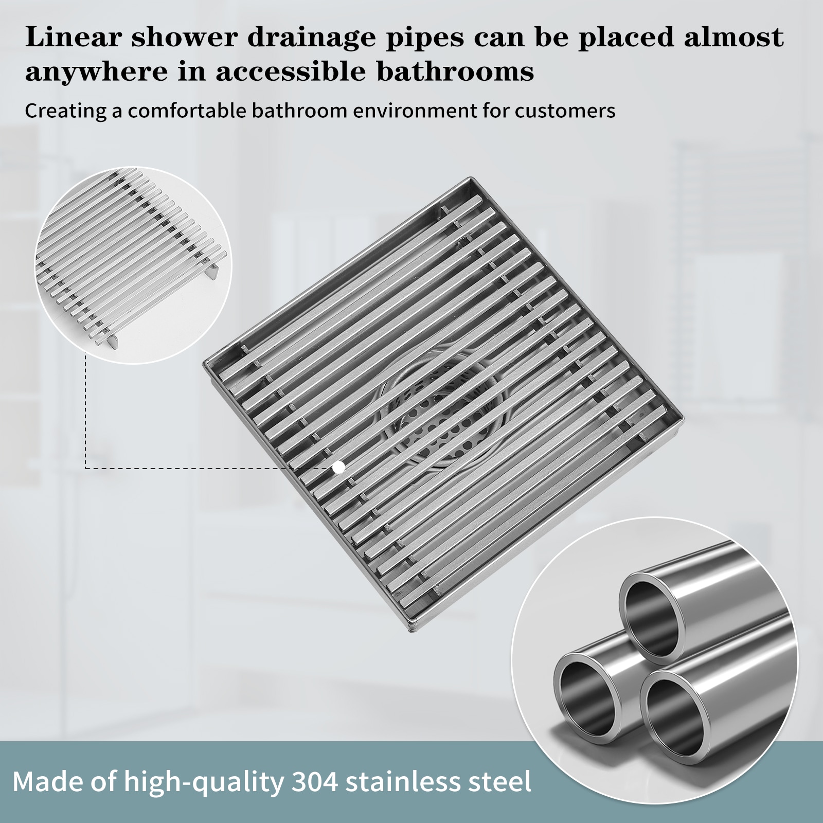 6-Inch Brushed Nickel Square Stainless Steel Shower Drain
