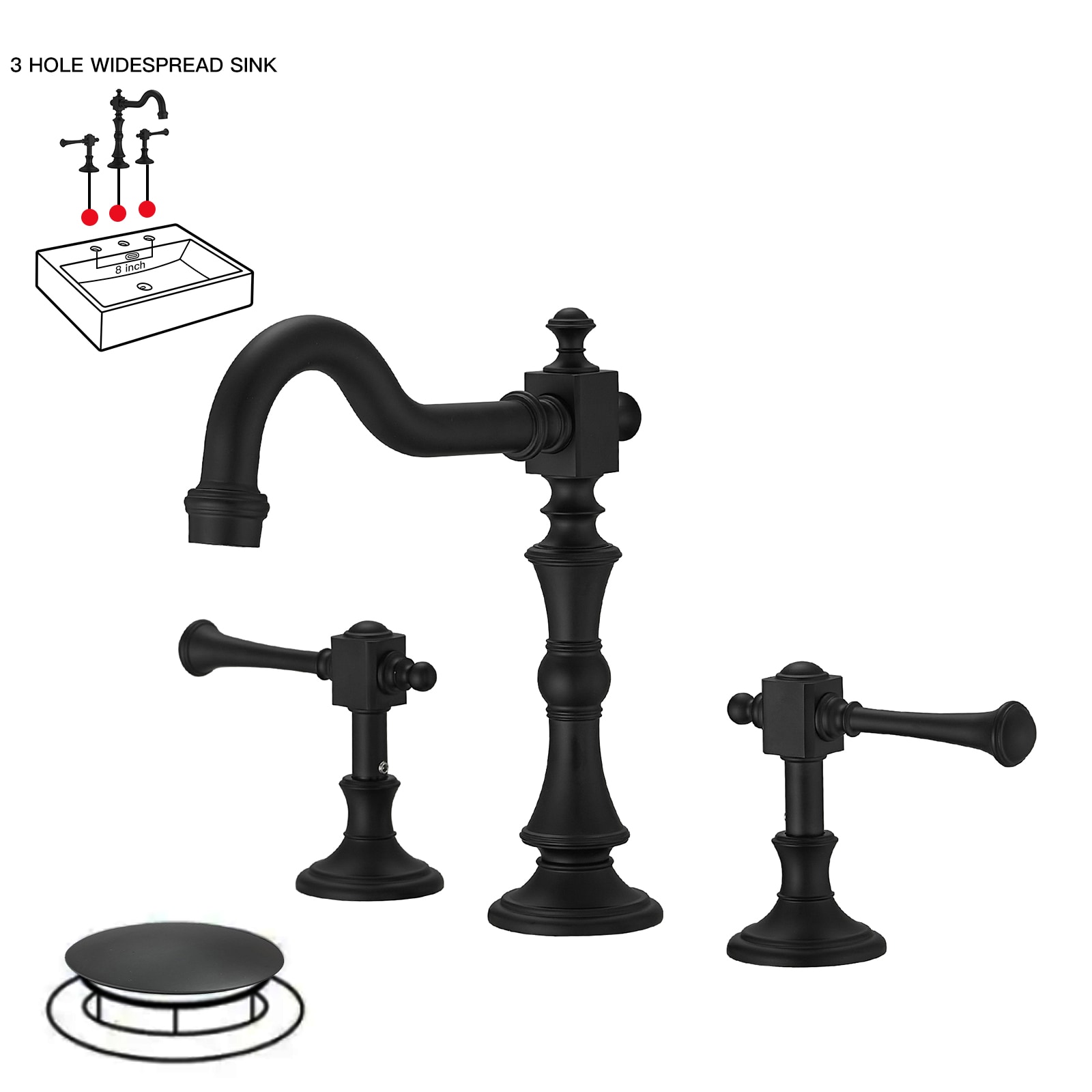 BWE A-916463-BLACK Matte Black Widespread 2-handle WaterSense Mid-arc Commercial/Residential Handle Bathroom Sink Faucet with Drain
