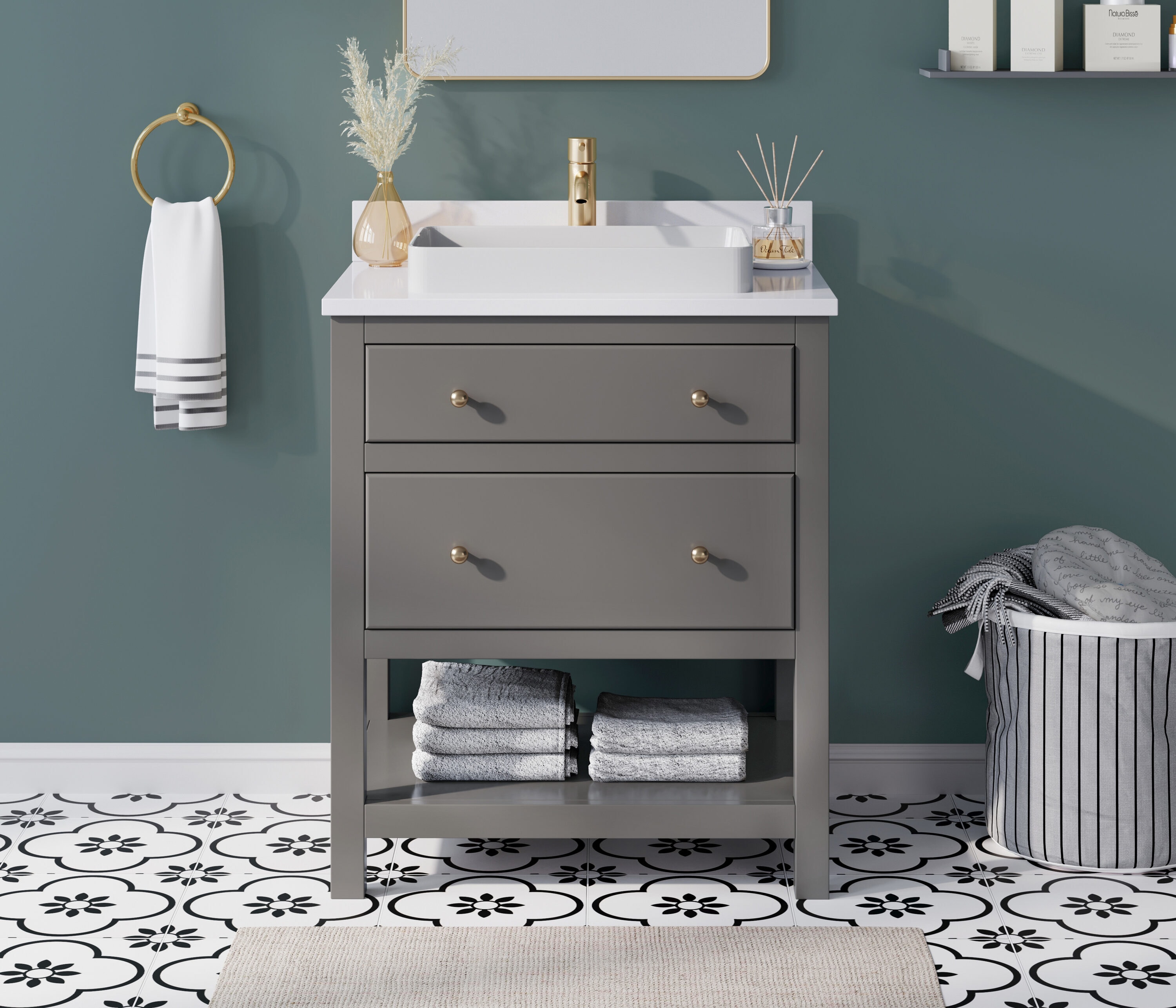 Beal 30-in Gauntlet Gray Semi-recessed Single Sink Bathroom Vanity with White Engineered Stone Top | - Origin 21 L22097-VS30-GG