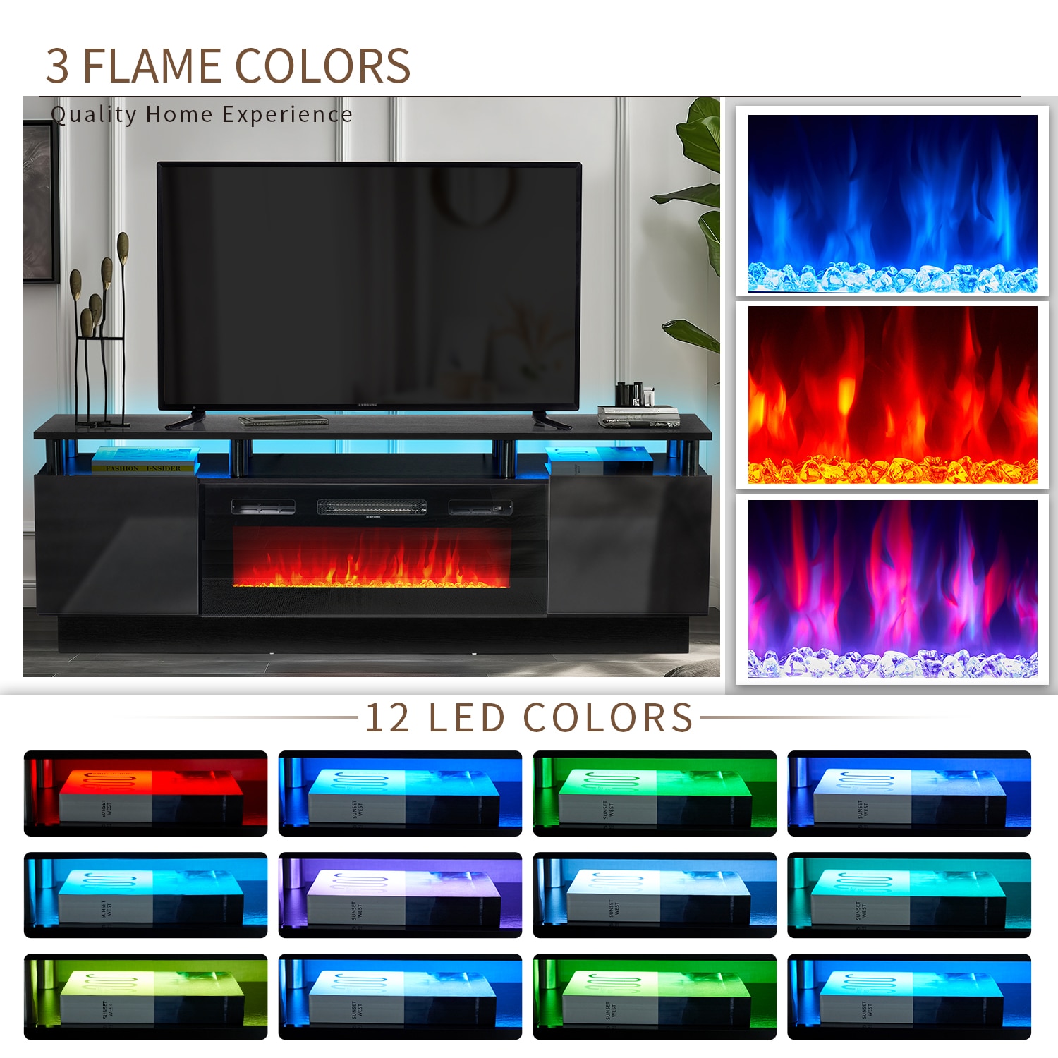 AOXUN 70-in W Black TV Stand with LED Electric Fireplace H21011BR+H20017 Sansujyuku sansujyuku.com